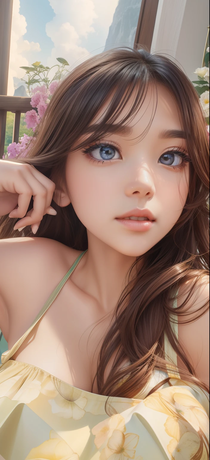 (best quality,ultra-detailed),(realistic:1.37),portrait, girl,beautiful detailed face,green eyes,full lips,long eyelashes,(hazel brown hair:1.2),youthful appearance,confident expression,soft sunlight,boardwalk in the background,pink revealing outfit,small and shapely breasts,sophisticated pose,graceful body language,colorful atmosphere,playful and carefree mood.