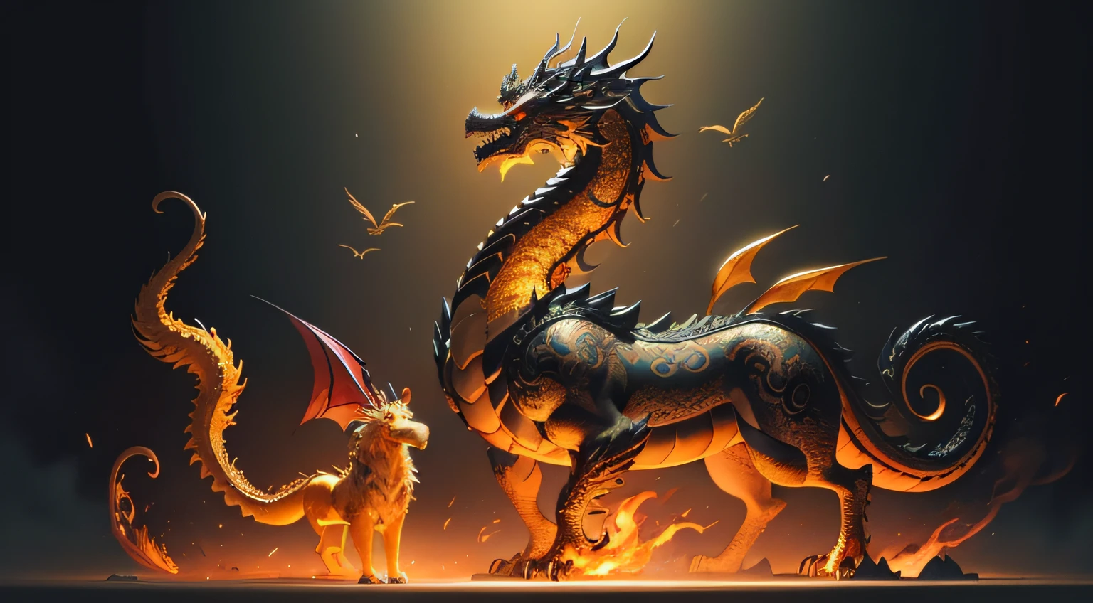 There is a golden dragon,There is a fish on the back, chinese dragon engrave, Chinese Dragon, smooth chinese dragon, Golden dragon, fire lion, a majestic gothic indian dragon, chinese dragon concept art, colored illustration for tattoo, ancient chinese ornate, mythological creatures, digital painting of quetzalcoatl, majestic japanese dragon, Dragon, asian dragon as latte art