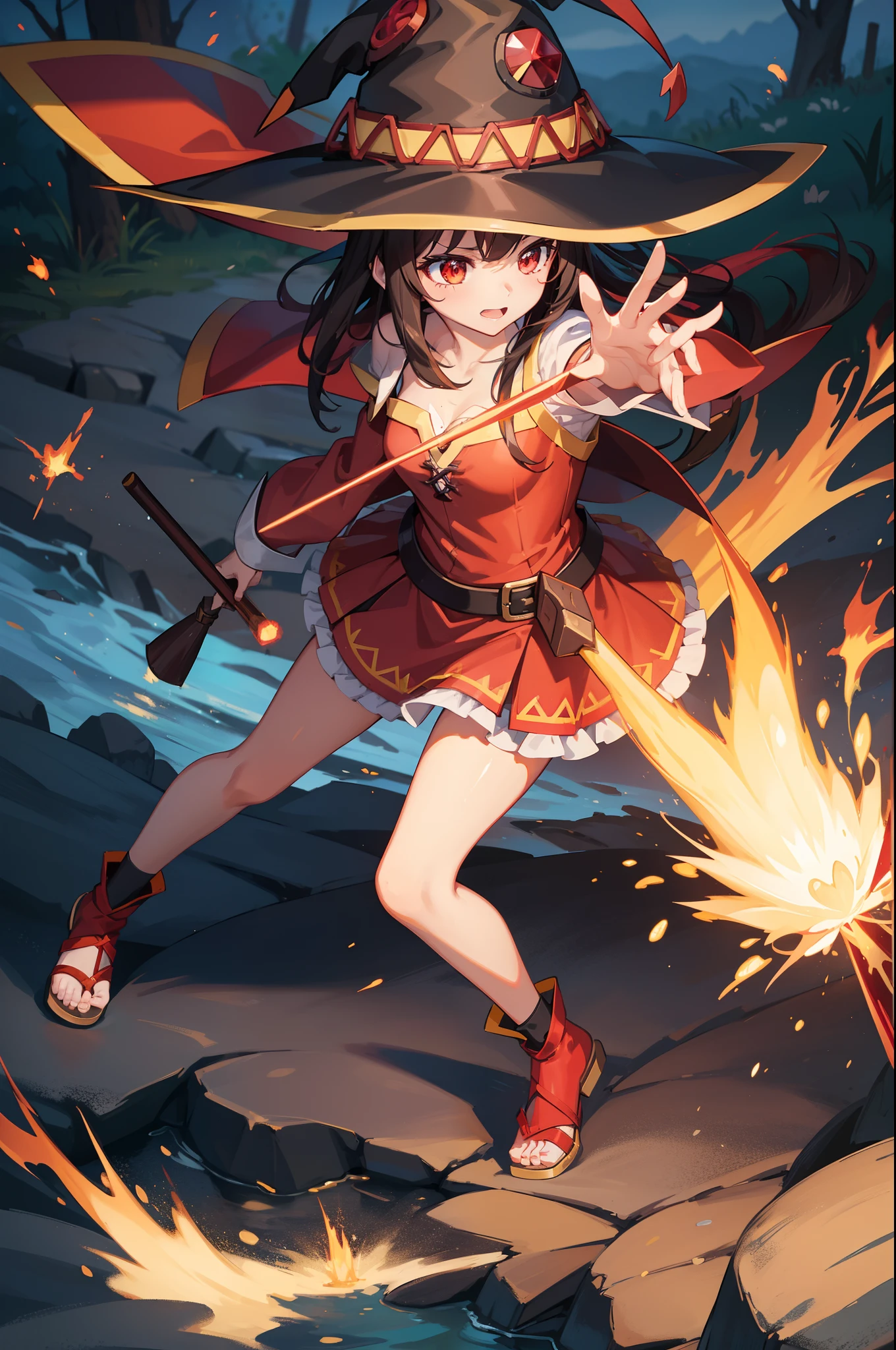 megumin, witch hat, fire burst element, burning effect, masterpiece, petite, perfect body shape, light makeup, field background with slime, holding wooden wand with ruby, bandage, 4k wallpaper quality