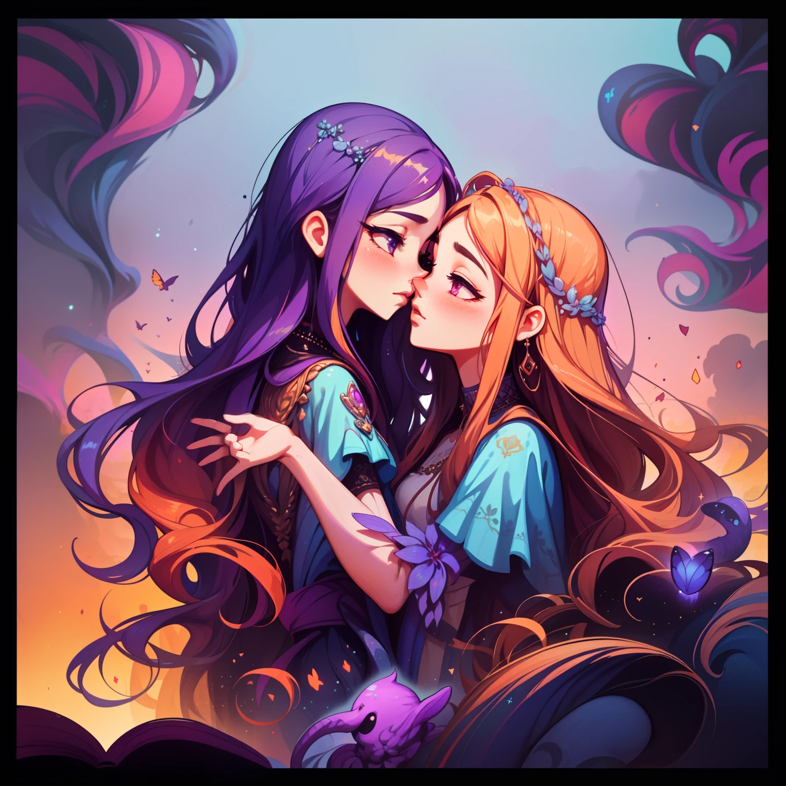 adesivo, fundo simples, portrait, 2 girls, couple, kissing, girl with long hair, beautiful goddess girl, goddess aesthetic, beautiful girl, very beautiful fantasy art, beautiful and elegant female goddess, beautiful detailed fantasy, purple and yellow color palate, purple color-theme