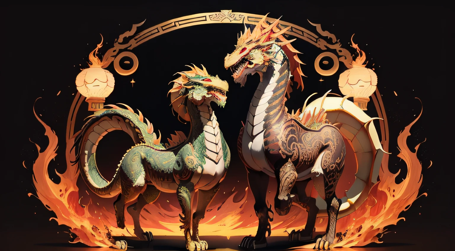 There is a golden dragon,There is a fish on the back, chinese dragon engrave, Chinese Dragon, smooth chinese dragon, Golden dragon, fire lion, a majestic gothic indian dragon, chinese dragon concept art, colored illustration for tattoo, ancient chinese ornate, mythological creatures, digital painting of quetzalcoatl, majestic japanese dragon, Dragon, asian dragon as latte art
