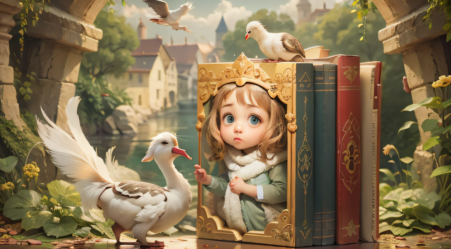 ((Mastpicek)), ((Best quality), 8 k'', High detail, super super detail, rich details​, A child tries to open a fairy tale book，An ugly duckling is coming out of the book
