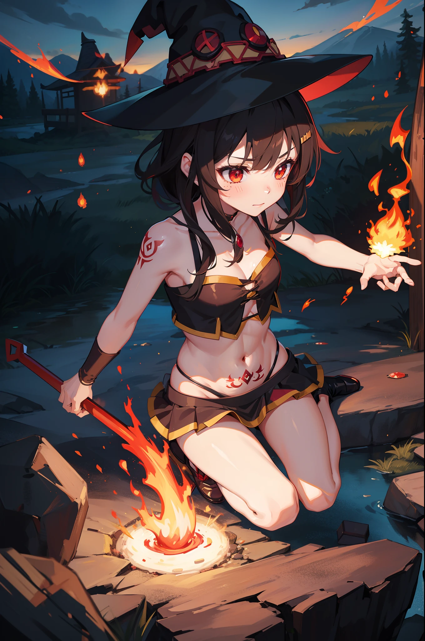 megumin, witch hat, fire burst element, burning effect, masterpiece, petite, perfect body shape, light makeup, field background with slime, holding wooden staff with ruby, bandage, 4k wallpaper quality, crotch tattoo, no underwear