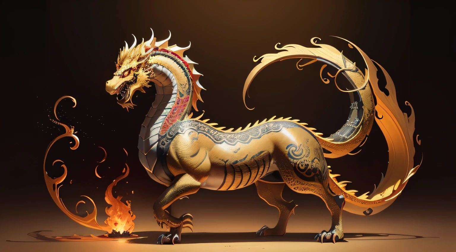 There is a golden dragon,There is a fish on the back, chinese dragon engrave, Chinese Dragon, smooth chinese dragon, Golden dragon, fire lion, a majestic gothic indian dragon, chinese dragon concept art, colored illustration for tattoo, ancient chinese ornate, mythological creatures, digital painting of quetzalcoatl, majestic japanese dragon, Dragon, asian dragon as latte art