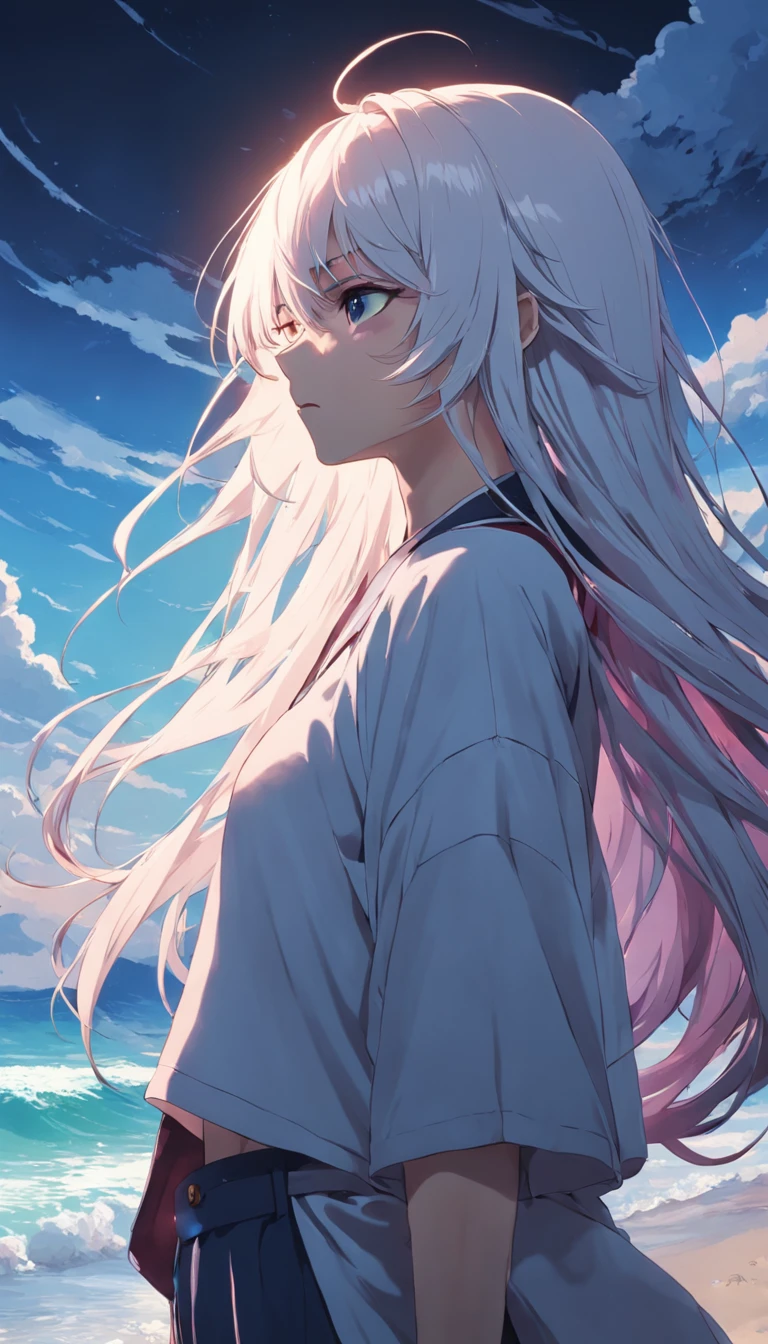 cool guy,beach,Look up,Long white hair,Dark