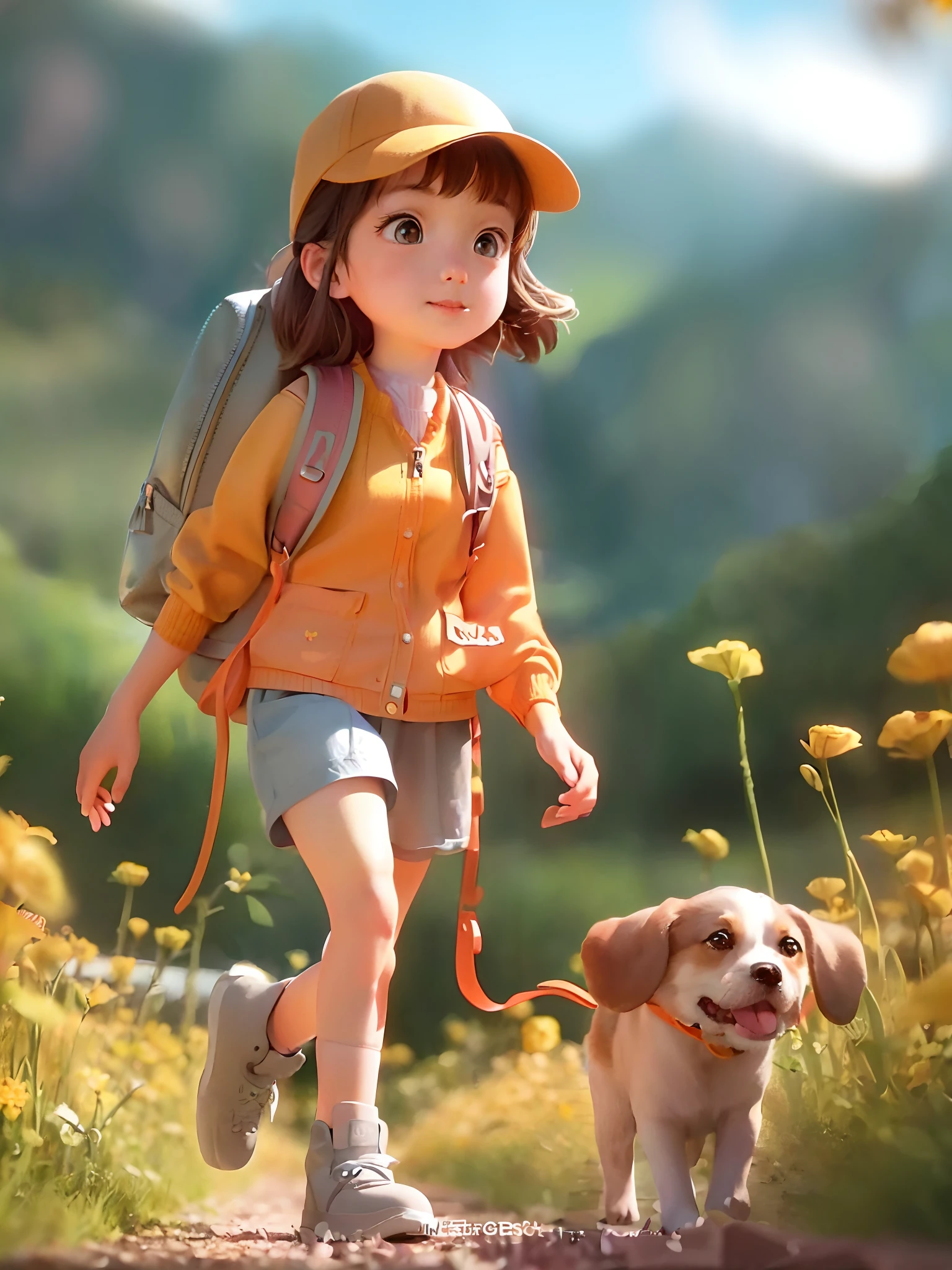 Prompt: An incredibly charming little girl carrying a backpack, accompanied by her adorable puppy, enjoying a lovely spring outing surrounded by beautiful yellow flowers and natural scenery. The illustration is in high definition at 4k resolution, with highly-detailed facial features and cartoon-style visuals.