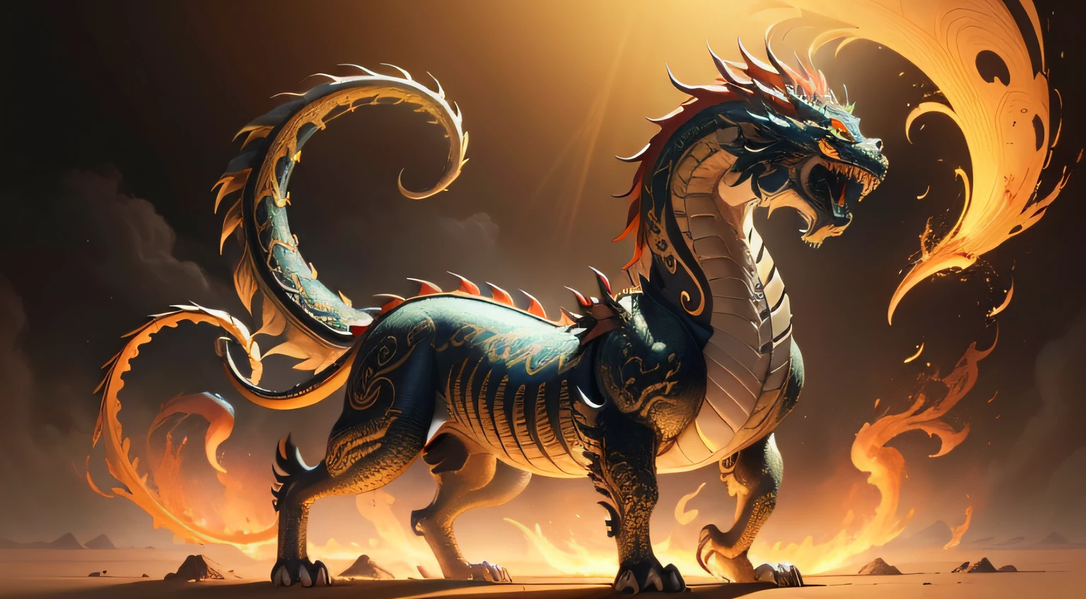 There is a golden dragon，There is a fish on the back, chinese dragon engrave, Chinese Dragon, smooth chinese dragon, Golden dragon, fire lion, a majestic gothic indian dragon, chinese dragon concept art, colored illustration for tattoo, ancient chinese ornate, mythological creatures, digital painting of quetzalcoatl, majestic japanese dragon, Dragon, asian dragon as latte art