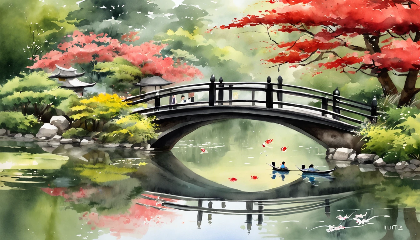 (masutepiece:1.3), ccurate, (Super Detail, high details, top-quality), Best Quality,( hight resolution, 8K),Japanese garden, Large pond, Red and white carp swimming, Bridge, Traditional gardens, Scenery of Kyoto, Summer heat, Fresh green, Woman in kimono feeding carp from bridge, Feeding the pond, Garden view reflected in the water