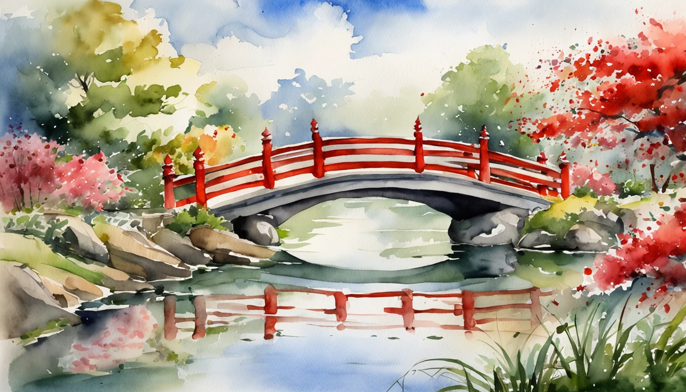 (masutepiece:1.3), ccurate, (Super Detail, high details, top-quality), Best Quality,( hight resolution, 8K),Japanese garden, Large pond, Red and white carp swimming, Bridge, Traditional gardens, Scenery of Kyoto, Summer heat, Fresh green, Woman in kimono feeding carp from bridge, Feeding the pond, Garden view reflected in the water