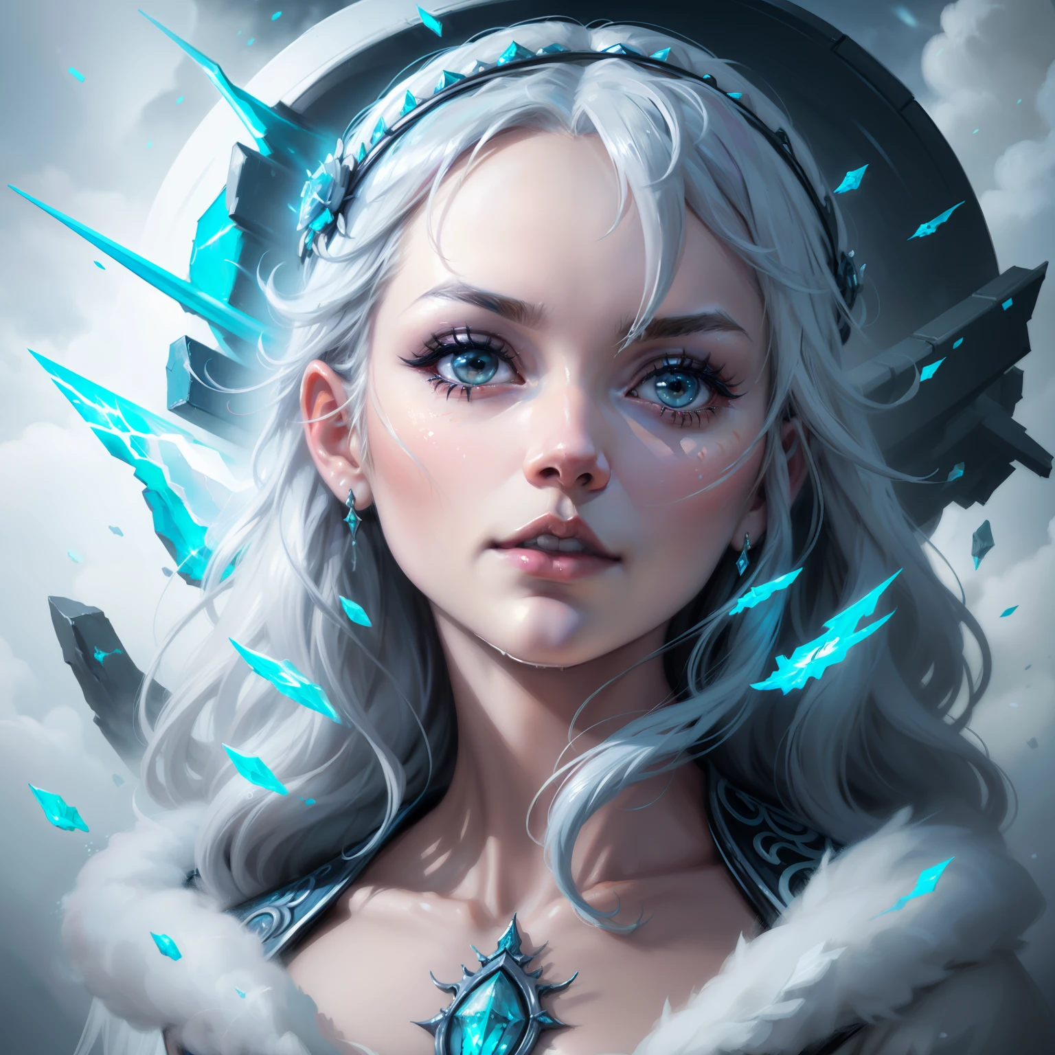 an ice goddess with white hair and lightnings arround her, full body, nice perfect face with soft skinice perfect face, concept art portrait by greg rutkowski, artgerm, hyperdetailed intricately detailed gothic art trending on artstation triadic colors, fantastical, intricate detail, splash screen, complementary colors, fantasy concept art, 8k resolution, deviantart masterpiece, oil painting, heavy strokes,