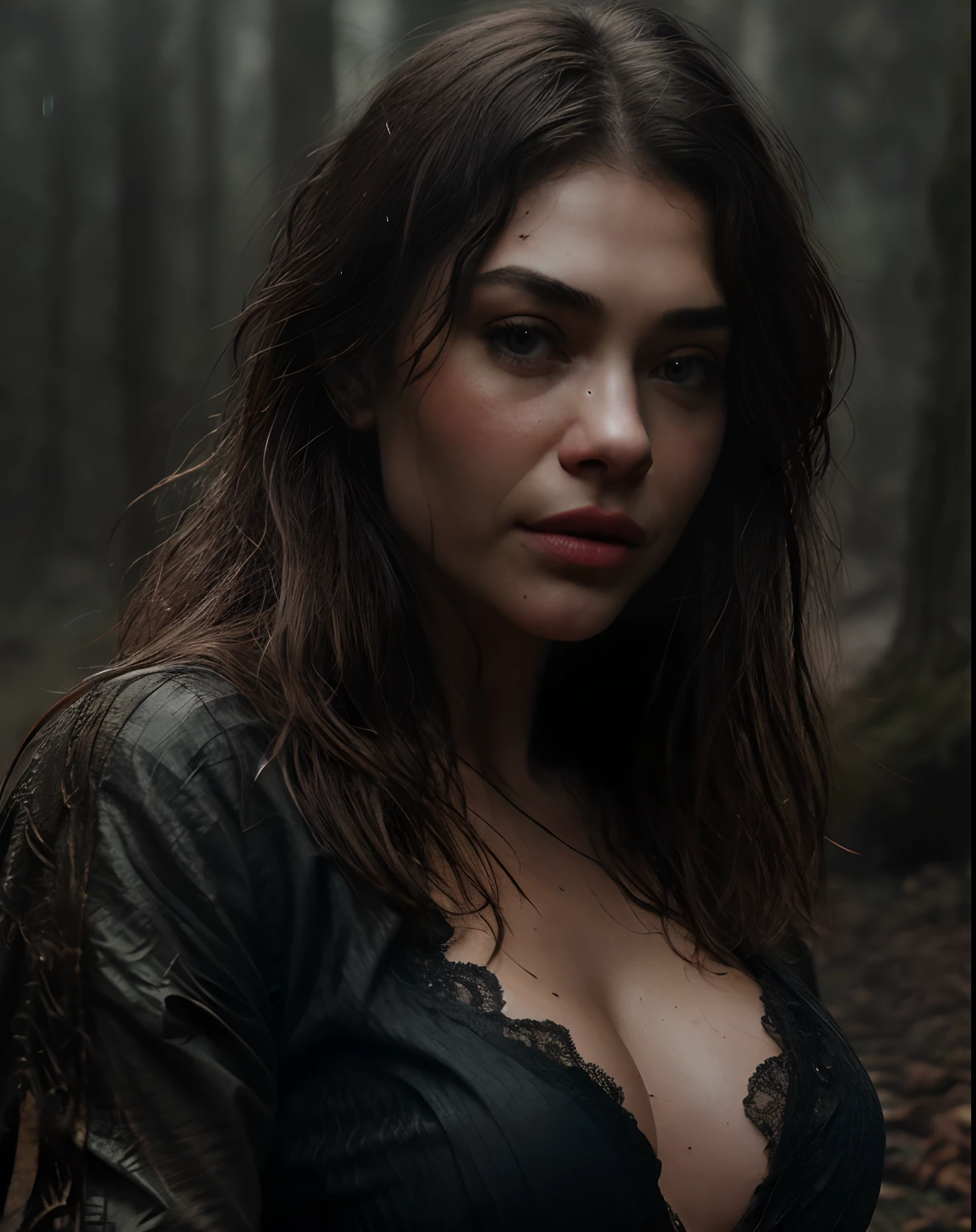 Imogen Poots A beautiful forest girl, big breasts, ultra detailed skin, dry leaf clothing, camouflage, thin waist, wet skin, skin details, well detailed face, wet, forest, dry branches, night, dramatic effect, a dark background grove with an intense fog, ultra realistic and detailed, best quality, 32K, amazing photography, natural night light, movie directed by Peter Jackson twilight wide-angle lens::20 H.R Giger::20 --ar 2048:1536 --iw 1.3 --s 300 --v 5.1 --raw style