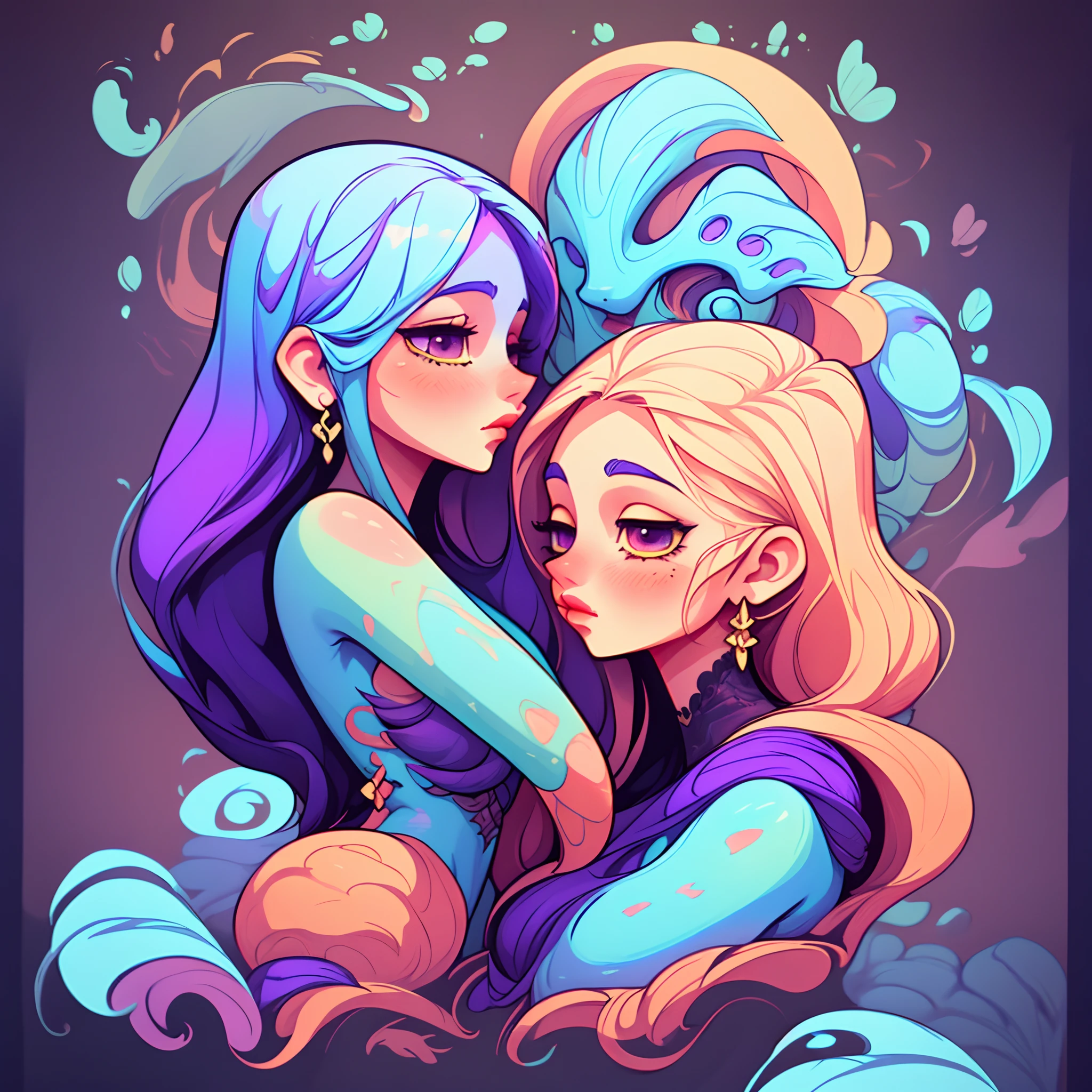 adesivo, fundo simples, portrait, 2 girls, couple, kissing, girl with long hair, beautiful goddess girl, goddess aesthetic, beautiful girl, very beautiful fantasy art, beautiful and elegant female goddess, beautiful detailed fantasy, yellow and blue color palate, blue color-theme