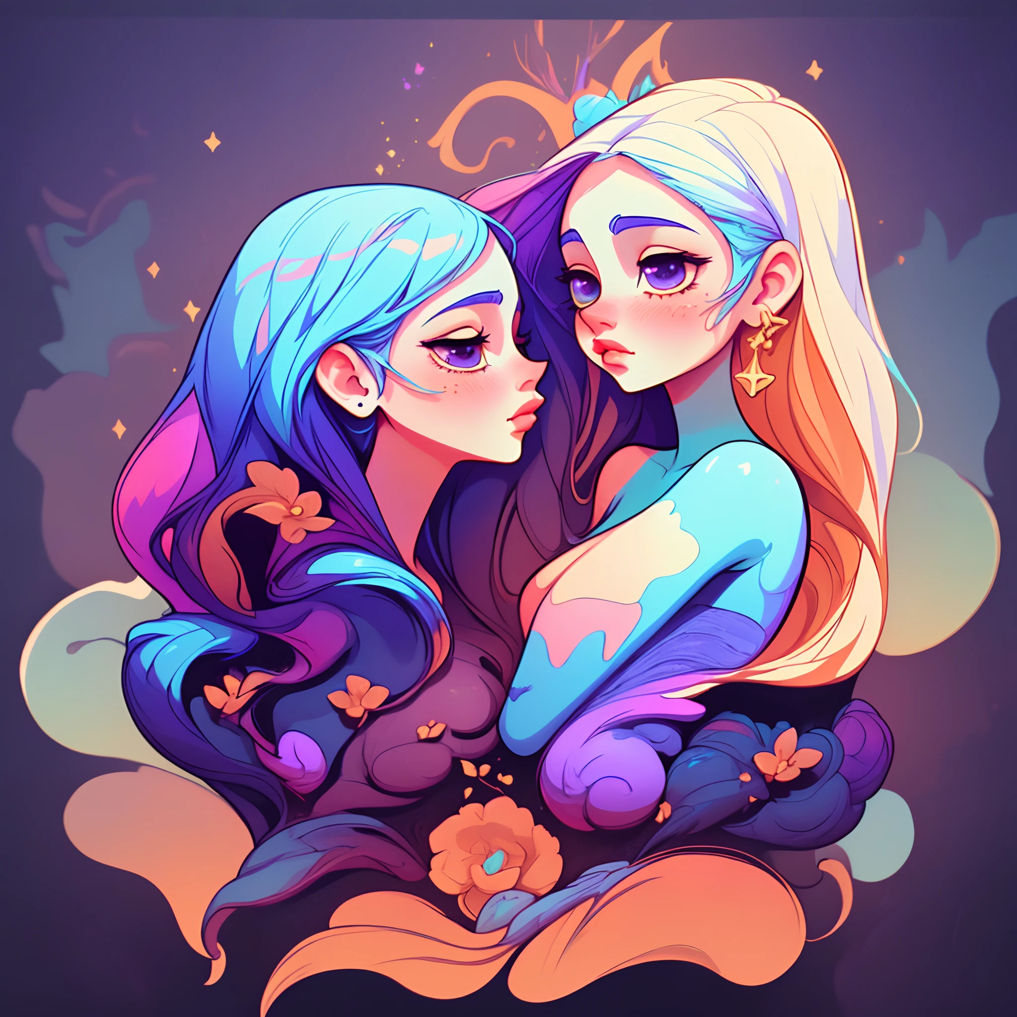 adesivo, fundo simples, portrait, 2 girls, couple, kissing, girl with long hair, beautiful goddess girl, goddess aesthetic, beautiful girl, very beautiful fantasy art, beautiful and elegant female goddess, beautiful detailed fantasy, purple and yellow color palate, purple color-theme