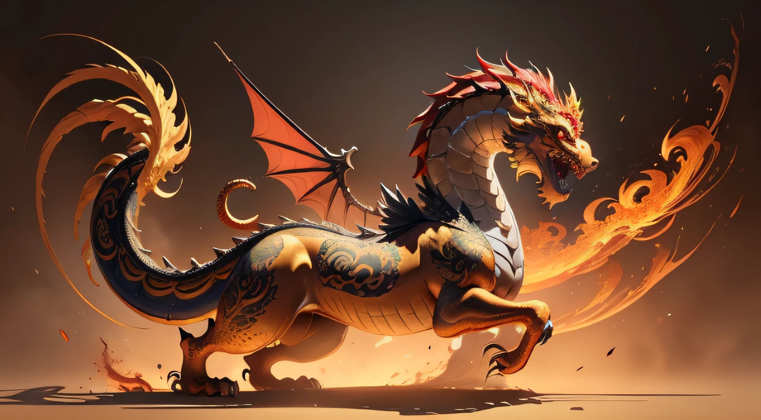 There is a golden dragon,There is a fish on the back, chinese dragon engrave, Chinese Dragon, smooth chinese dragon, Golden dragon, fire lion, a majestic gothic indian dragon, chinese dragon concept art, colored illustration for tattoo, ancient chinese ornate, mythological creatures, digital painting of quetzalcoatl, majestic japanese dragon, Dragon, asian dragon as latte art