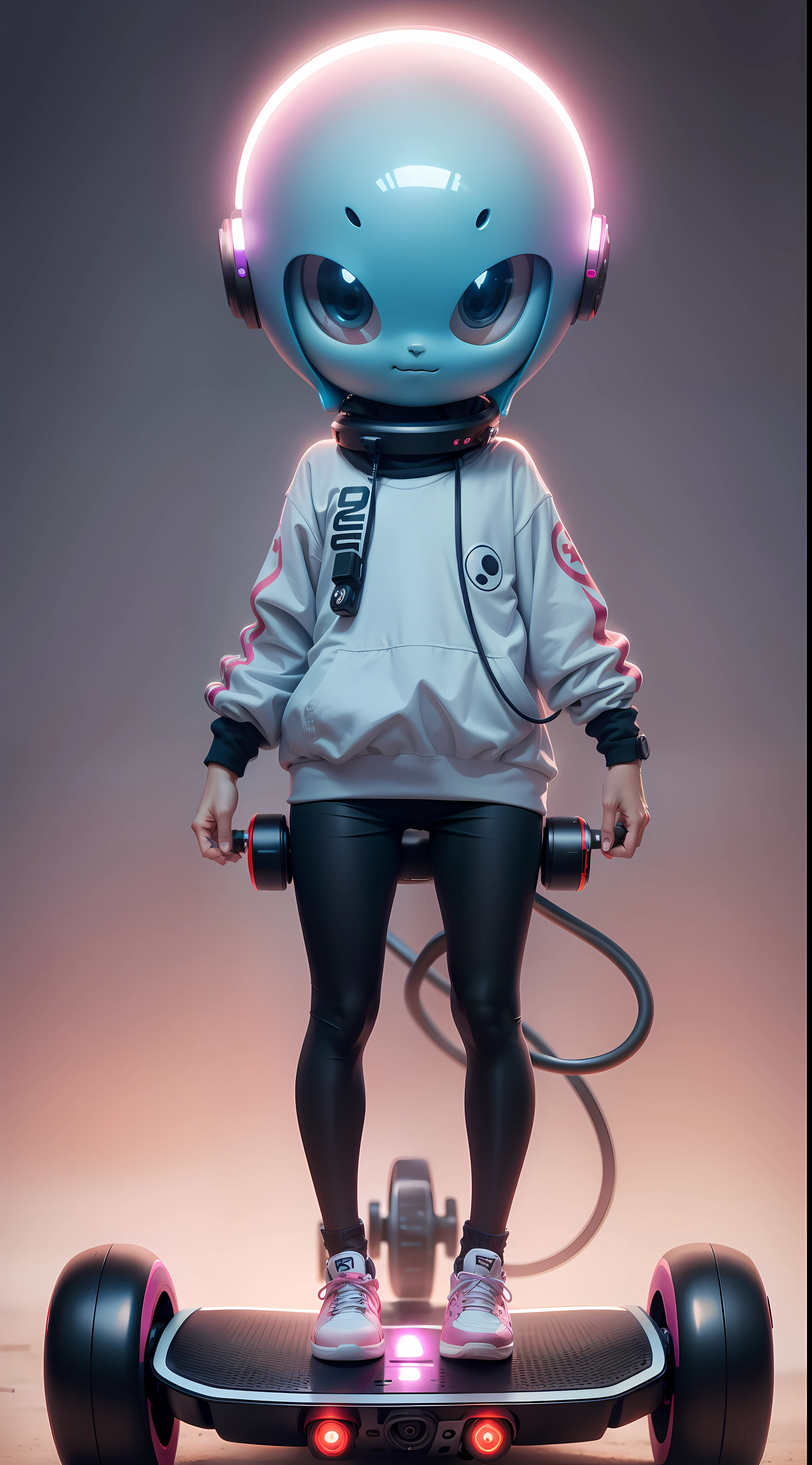 cute alien with a tail, on a hoverboard