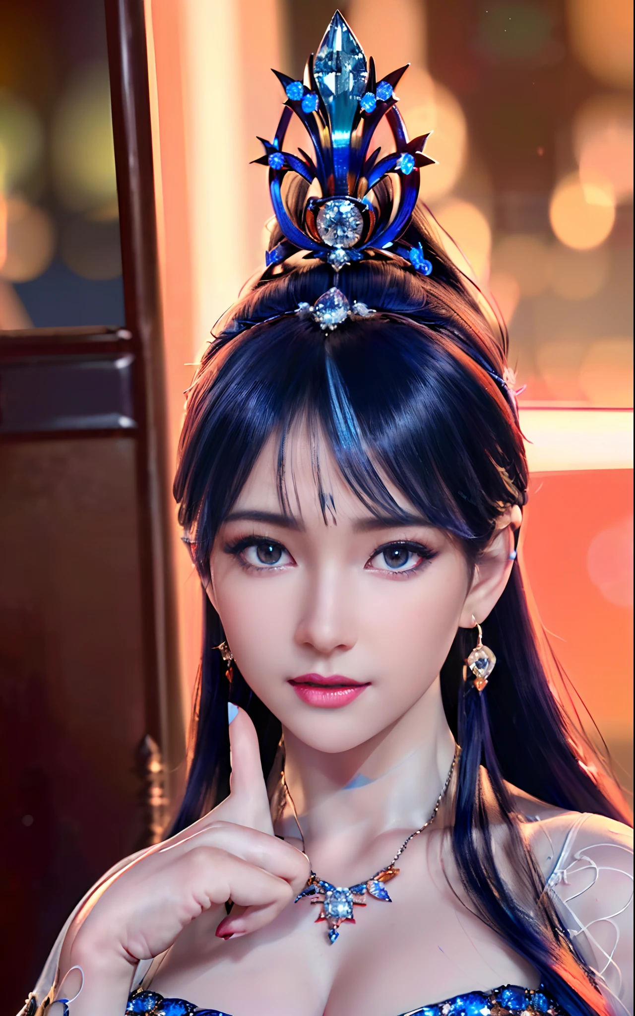 ((realisticity: 1.2)), ((realistic: 8K UHD)), ((best resolution: 8K UHD)), hyper detailed, best quality,masterpiece,highres,cg, ((1 girl hyper detailed and hyper realistic) ) , ((beautiful queen, hyper realistic and hyper detailed)),((white skin, beautiful, smooth, youthful, hyper realistic and hyper detailed )), ((Face hyper beautiful, white, hyper realistic and hyper detailed ) ), long hair, ((hyper realistic and hyper detailed dress)), solo, ((hyper realistic, hyper beautiful, beautiful and hyper detailed jewelry)), ((hyper beautiful deep red and golden yellow dress, hyper realistic and hyper detailed )) , ((Her pretty, hyper realistic, hyper detailed diamond filled earrings)), ((Her gorgeous diamond haircut, hyper realistic and hyper detailed)), ((hyper pretty upper body, hyper beautiful, hyper realistic and hyper detailed) ), ((medium breast: 1.1)), ((hyper realistic, hyper pretty, hyper detailed boobs)), ((the backgroun of the royal palace is hyper majestic, hyper realistic and hyper detailed)),((hands and palms hyper beautiful, hyper detailed, hyper realistic)), ((hyper detailed and hyper realistic fingers and fingernails)), ((hyper pretty fingernails, hyper vivid, hyper detailed, hyper realistic)), ((thumb, index finger, middle finger, ring finger, little finger hyper vivid, hyper pretty, hyper detailed, hyper realistic)),
((hyper beautiful fingers, hyper detailed, and hyper realistic)), ((posture not too fat and not too thin, hyper realistic, hyper detail)), ((hyper pretty, hyper pretty, hyper realistic and hyper detailed hair bun)), ((hyper pretty , hyper realistic and hyper detailed blue hair)), candid, Photo, high resolution, 8k , bokeh,