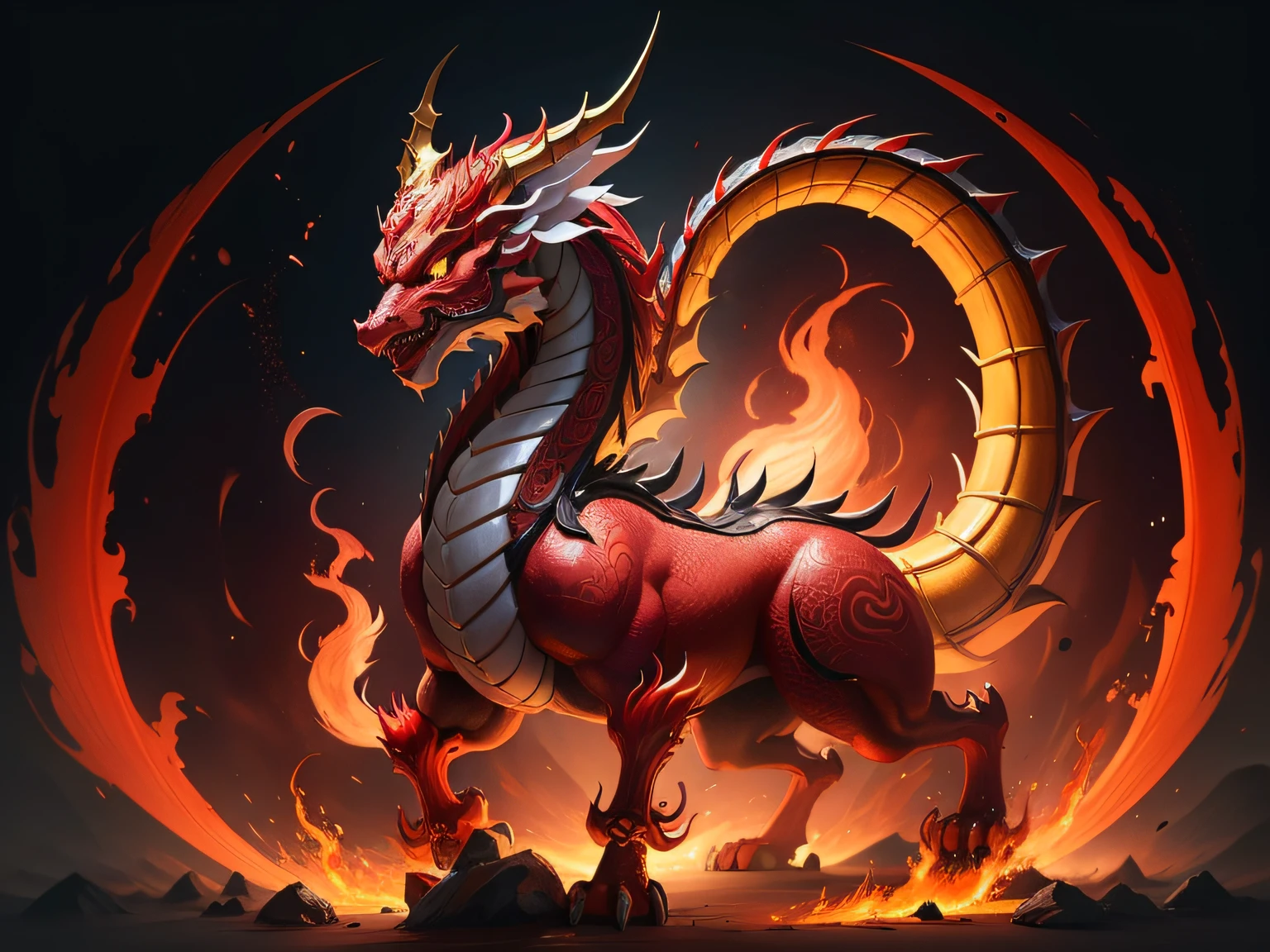 Chinese mythological story background,Inspired by the mythical creature Pixiu,The head of a Chinese dragon,Stout limbs,The tail of the Chinese dragon