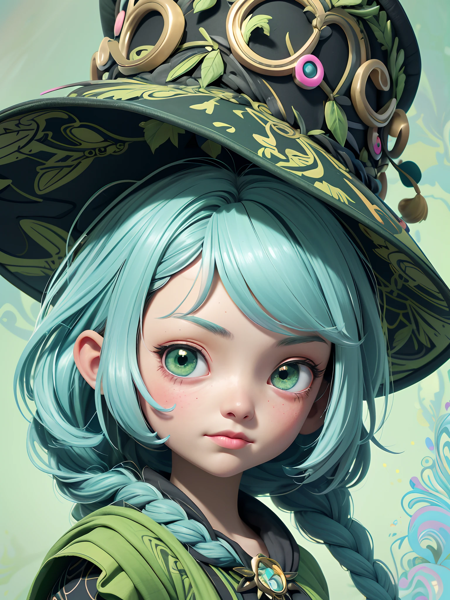 1girl in, Twin_Braids,brunette color hair, bit girl, 10years old, The upper part of the body, Simple green witch big hat and green robe, watch audience, intricately details, 32K digital painting, Hyper-realism, (abstract backgrounds:1.3), (Extremely colorful:1. 3), (florals:1.2), (zentangle:1.2), (Fractal art:1.1), twosideup, Carnal lips, a closed mouth, By bangs, The upper part of the body, bangs, super high image quality, 8K, Down to the smallest detail, Ultra-fine, tchibi