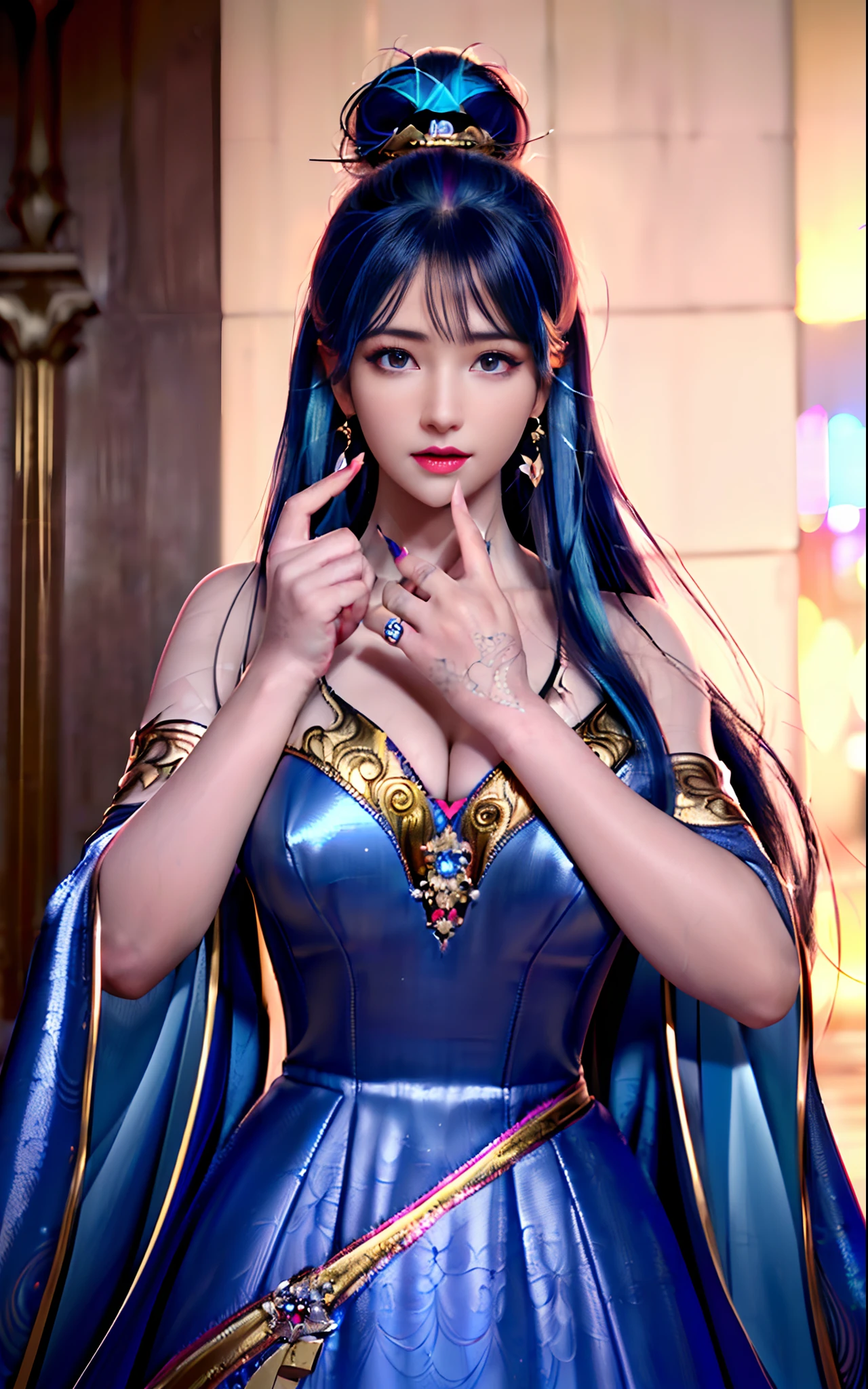 ((realisticity: 1.2)), ((realistic: 8K UHD)), ((best resolution: 8K UHD)), hyper detailed, best quality,masterpiece,highres,cg, ((1 girl hyper detailed and hyper realistic) ) , ((beautiful queen, hyper realistic and hyper detailed)),((white skin, beautiful, smooth, youthful, hyper realistic and hyper detailed )), ((Face hyper beautiful, white, hyper realistic and hyper detailed ) ), long hair, ((hyper realistic and hyper detailed dress)), solo, ((hyper realistic, hyper beautiful, beautiful and hyper detailed jewelry)), ((hyper beautiful deep red and golden yellow dress, hyper realistic and hyper detailed )) , ((Her pretty, hyper realistic, hyper detailed diamond filled earrings)), ((Her gorgeous diamond haircut, hyper realistic and hyper detailed)), ((hyper pretty upper body, hyper beautiful, hyper realistic and hyper detailed) ), ((medium breast: 1.1)), ((hyper realistic, hyper pretty, hyper detailed boobs)), ((the backgroun of the royal palace is hyper majestic, hyper realistic and hyper detailed)),((hands and palms hyper beautiful, hyper detailed, hyper realistic)), ((hyper detailed and hyper realistic fingers and fingernails)), ((hyper pretty fingernails, hyper vivid, hyper detailed, hyper realistic)), ((thumb, index finger, middle finger, ring finger, little finger hyper vivid, hyper pretty, hyper detailed, hyper realistic)),  
((hyper beautiful fingers, hyper detailed, and hyper realistic)), ((posture not too fat and not too thin, hyper realistic, hyper detail)), ((hyper pretty, hyper pretty, hyper realistic and hyper detailed hair bun)), ((hyper pretty , hyper realistic and hyper detailed blue hair)), candid, Photo, high resolution, 8k , bokeh,