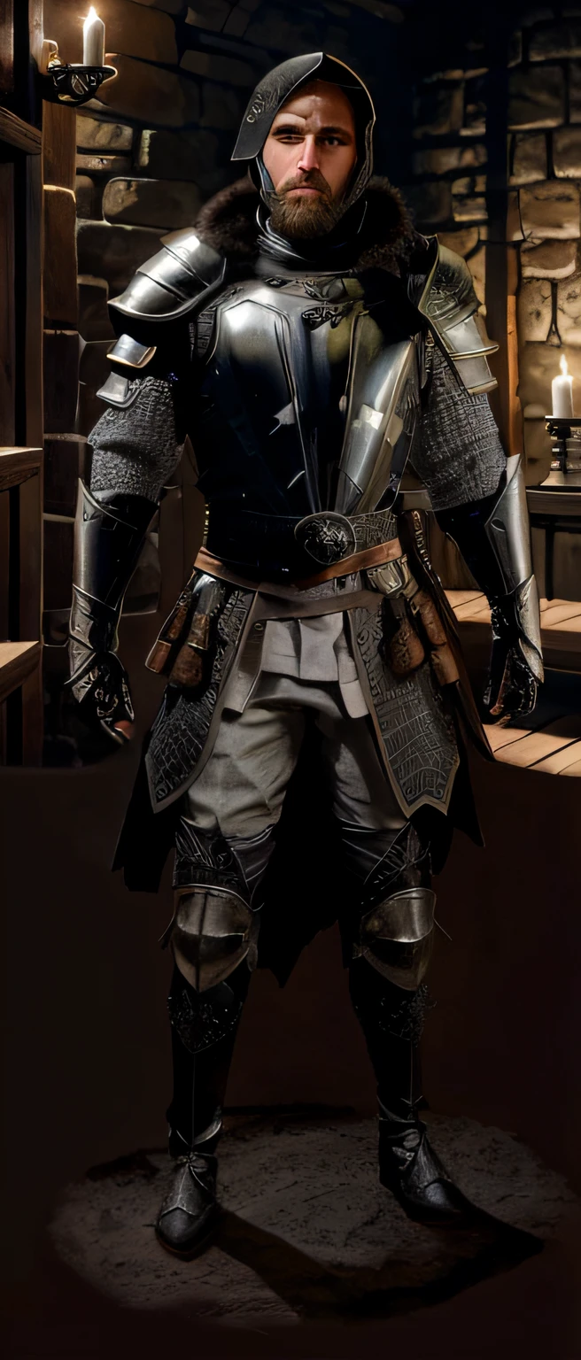 Man in armor standing in a room with a fireplace, usando armadura assassina de couro, com uma armadura de couro leve, armadura de couro elegante, armadura de couro escuro, roupas de couro sob a armadura, usando armadura de couro, placa mista e armadura de couro, armadura de couro completa, armadura de couro intrincada, coberto em armadura de couro completo, usando uma armadura de placa pesada escura