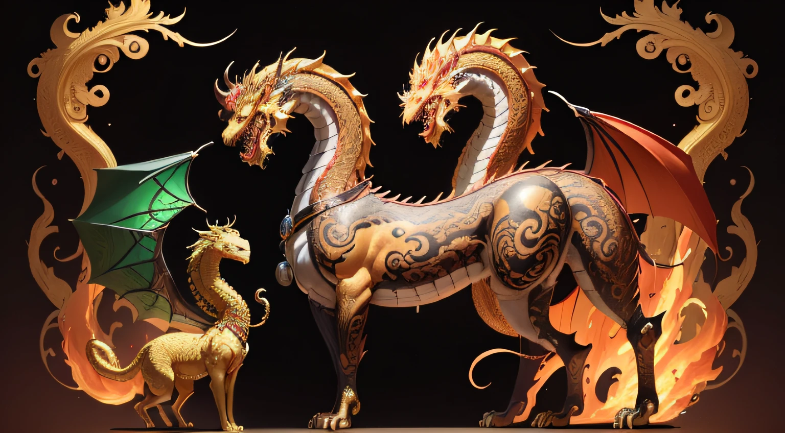 There is a golden dragon，There is a fish on the back, chinese dragon engrave, Chinese Dragon, smooth chinese dragon, Golden dragon, fire lion, a majestic gothic indian dragon, chinese dragon concept art, colored illustration for tattoo, ancient chinese ornate, mythological creatures, digital painting of quetzalcoatl, majestic japanese dragon, Dragon, asian dragon as latte art