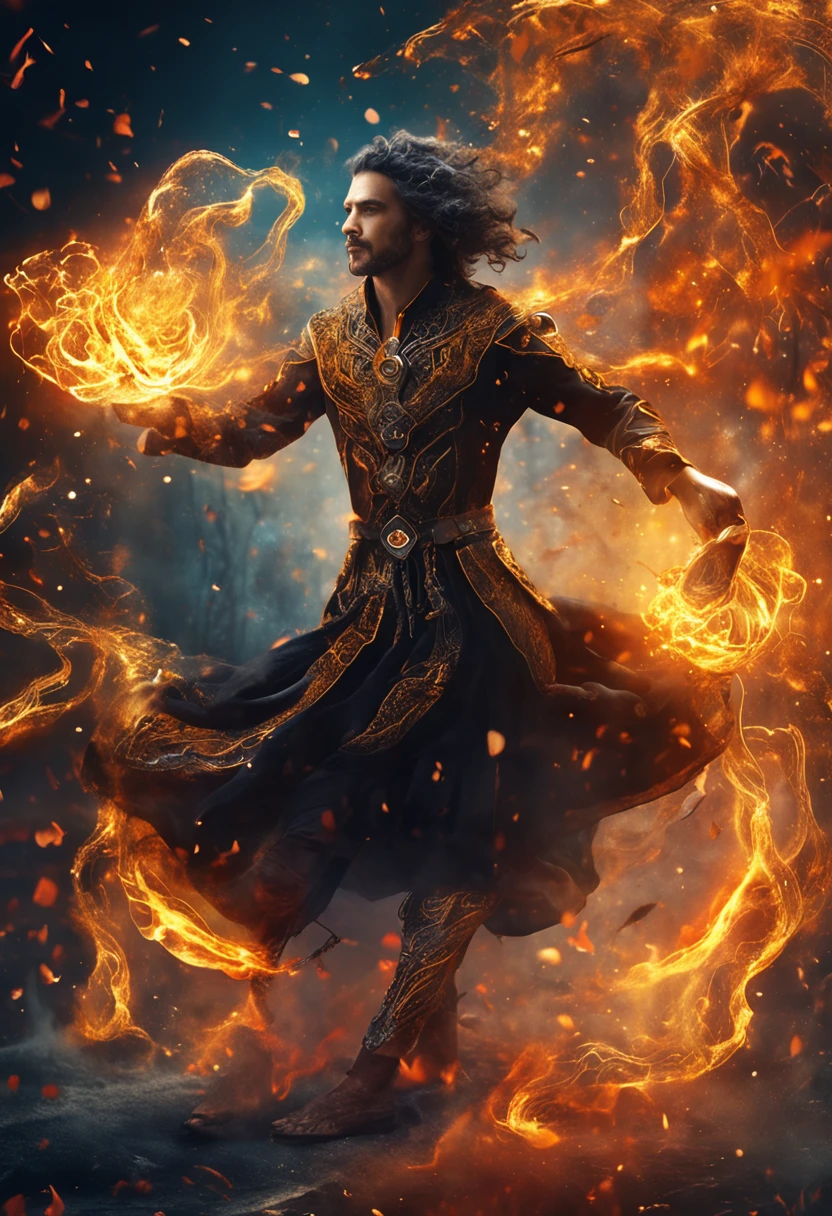 a painting that represents the essence of magic in your world, mostrando o cabelo preto, Protagonist with bright golden eyes with a mystical black mark on his neck immersed in a cascade of magical fire energy, with glowing particles dancing around him and arcane symbols forming in the air