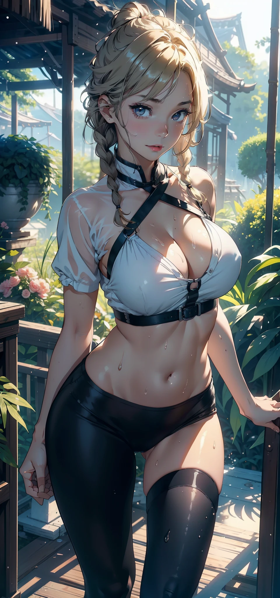 1female,25 age old,Slim,Large breasts,long leges,Big breasts Thin waist,Pornographic exposure, 独奏,(Background with:bamboo forrest,Stand in a sea of flowers,in summer) She has short blonde hair,standing on your feet,Sweat profusely,drenched all over the body,seen from the front, Twist braids, mostly cloudy sky,(((tmasterpiece),(Very detailed CG unity 8K wallpaper),best qualtiy,cinmatic lighting,detailed back ground,beatiful detailed eyes,Bright pupils,(Very fine and beautiful),(Beautiful and detailed eye description),ultra - detailed,tmasterpiece,)),facing at camera,A high resolution,ultra - detailed),revealing breasts,Bare genitalia, Bulge,Camel toes,Raised sexy,Flushed complexion,Open-mouthed,frontage,Big high school girl(Wearing:White color blouse,Leggings with black straps,)nakeness,upper body photos