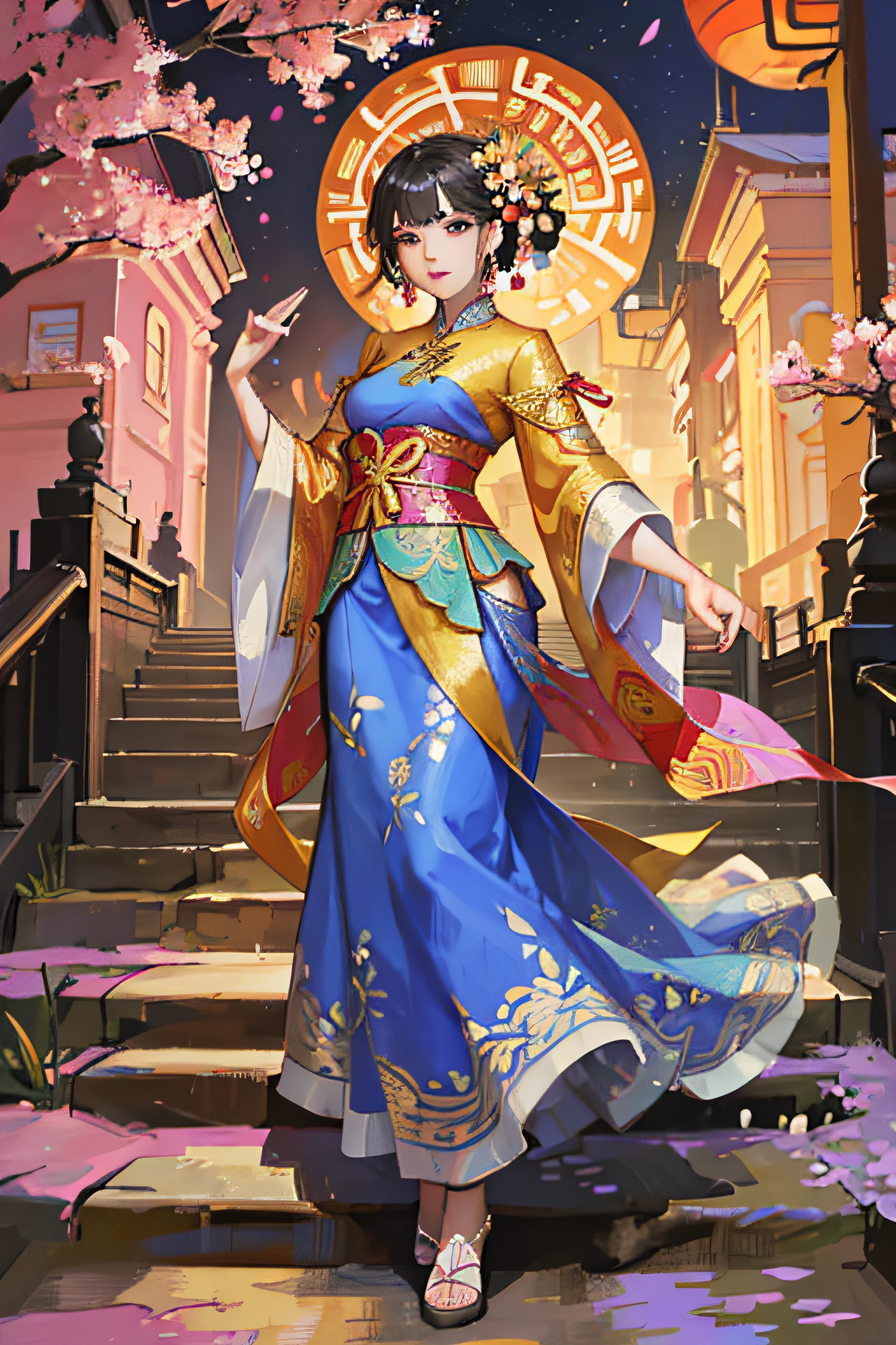 On the steps stood a woman in colorful clothes, wearing a long flowery dress, in style of lam manh, Wearing a long dress, vietnamese woman, wearing floral chiton, beautiful lady, Pose gracefully on camera, traditional tai costume, dressed in a flower dress, posing elegantly, Wearing a gorgeous dress, Gorgeous lady --auto