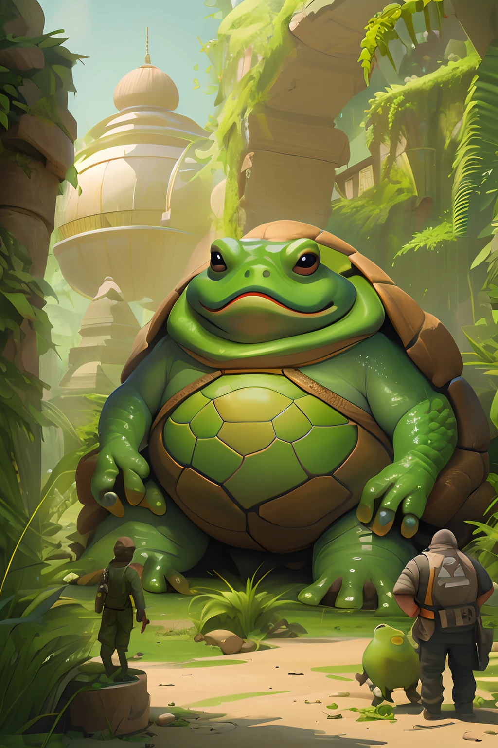 a big bitcoin, masterpeace, there is a man standing next to a giant toad statue, jabba the hutt, jabba el hutt, elon musk as jabba the hutt, donald trump as jabba the hutt, giant and fat, humanoid turtle monster, big toad, sylvain sarrailh and igor morski, frog - elephant creature