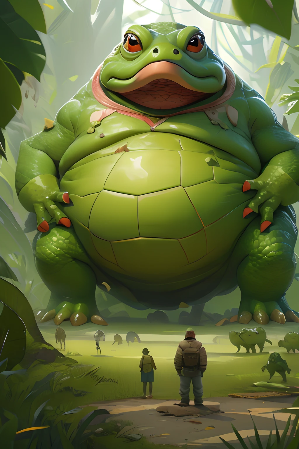 A big bitcoin, masterpeace, There is a man standing next to a huge statue of a toad, Jabacht, Jabba the Hart, Elon Musk 飾演 Jabba the Hutt(English:Jabba the Hutt), Donald Trump plays Jabba the Hutt(English:Jabba the Hutt), giant and fat, humanoid turtle monster, big toad, sylvain sarrailh and igor morski, Frog - elephant creature