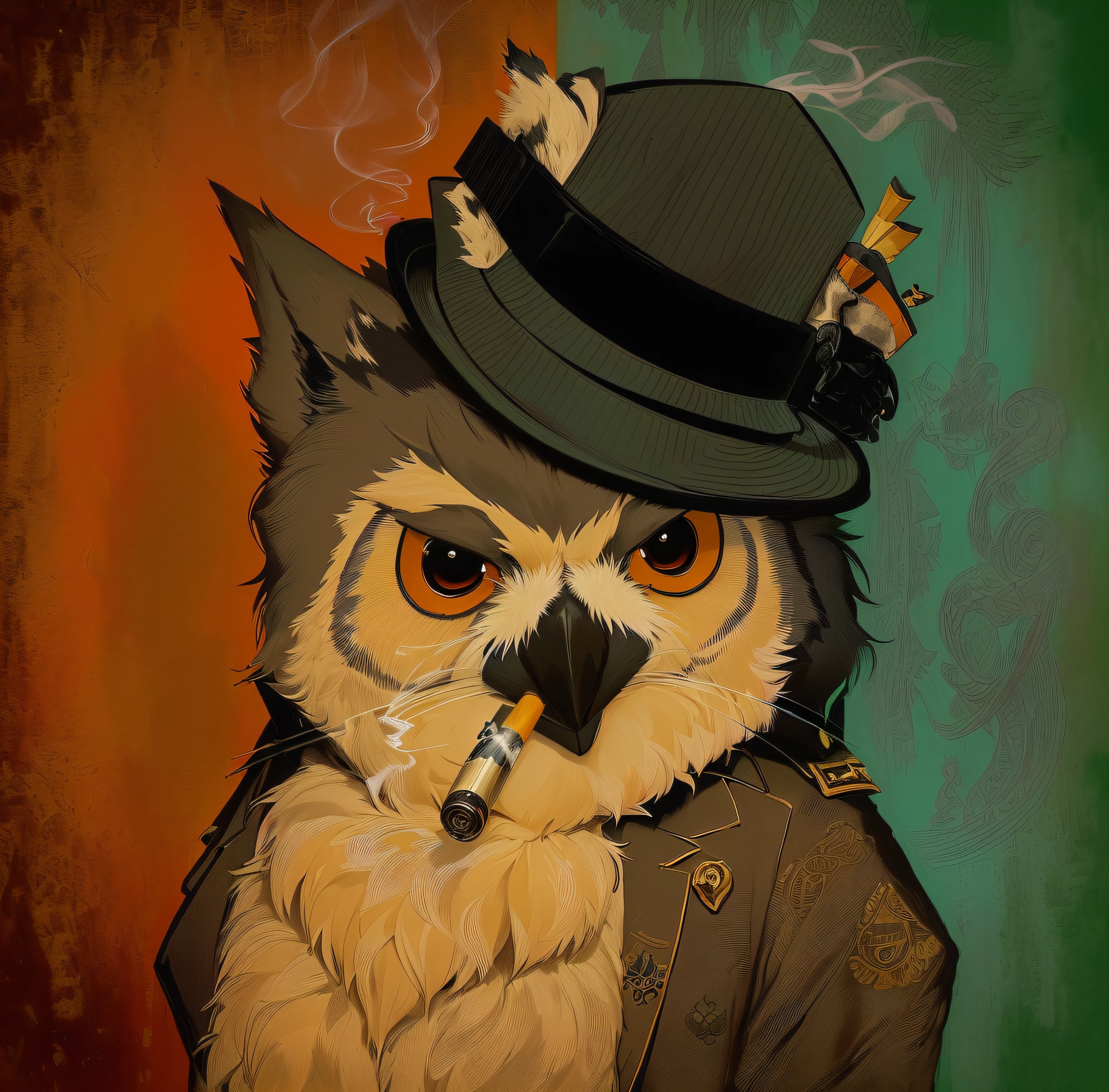 There is a cartoon owl in a top hat and smoking a cigarette, Cat smoking a cigar, mixture between an! owl and wolf, Anthropomorphic gangster rat, anthropomorphic racoon, Anthropomorphic gangster rat, art in the style of joshy sly, Anthropomorphic furry art, "Portrait of a cartoon animal