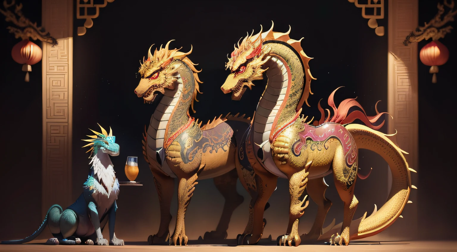 There is a golden dragon,There is a fish on the back, chinese dragon engrave, Chinese Dragon, smooth chinese dragon, Golden dragon, fire lion, a majestic gothic indian dragon, chinese dragon concept art, colored illustration for tattoo, ancient chinese ornate, mythological creatures, digital painting of quetzalcoatl, majestic japanese dragon, Dragon, asian dragon as latte art