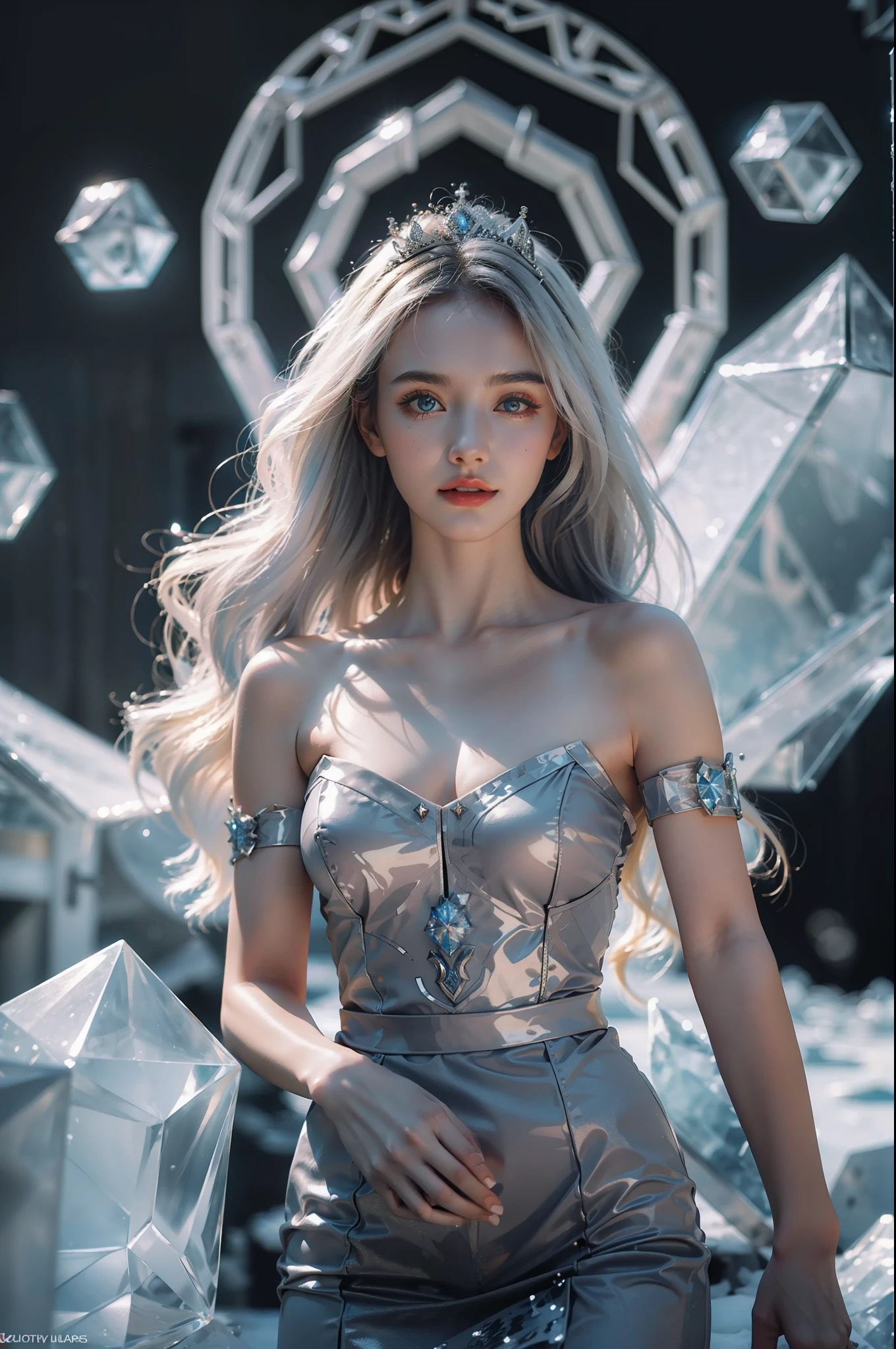 ((top-quality、​masterpiece、photographrealistic:1.4、8K))、a very beautiful woman、18year old、extremely detailed eye and face、beatiful detailed eyes、ice queen（Dresses in the style of medieval Europe）、（Celestial Princess）、Luxury accessories、graceful face、（Generate the figure of the Ice Queen standing in the courtyard of the ice castle。Her eyes are sharp、Ice sculptures and ice flowers bloom around her。）、Beautiful lighting、Textured skin、Super Detail、high detailing、High quality、hight resolution、（looking at the viewers）、europian