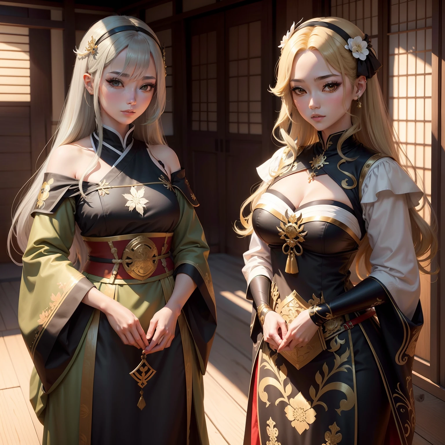 Shuimobysim, arte a tintura tradicional japonesa, Lutadora, medieval, arte da espada, dourado, personagem feminina, cabelos longos, cabelos ruivos, vestido longo preto e dourado, olhos verdes,