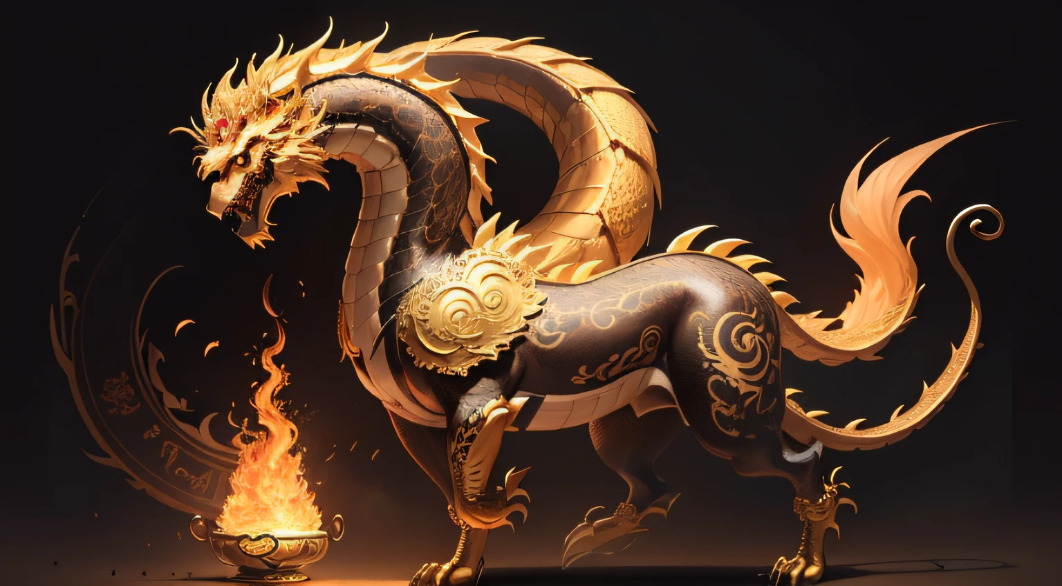 There is a golden dragon,There is a fish on the back, chinese dragon engrave, Chinese Dragon, smooth chinese dragon, Golden dragon, fire lion, a majestic gothic indian dragon, chinese dragon concept art, colored illustration for tattoo, ancient chinese ornate, mythological creatures, digital painting of quetzalcoatl, majestic japanese dragon, Dragon, asian dragon as latte art
