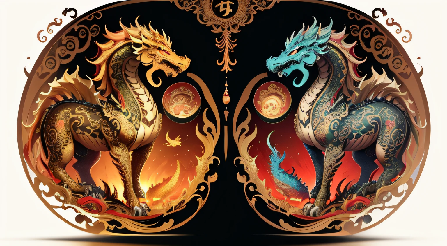 There is a golden dragon，There is a fish on the back, chinese dragon engrave, Chinese Dragon, smooth chinese dragon, Golden dragon, fire lion, a majestic gothic indian dragon, chinese dragon concept art, colored illustration for tattoo, ancient chinese ornate, mythological creatures, digital painting of quetzalcoatl, majestic japanese dragon, Dragon, asian dragon as latte art