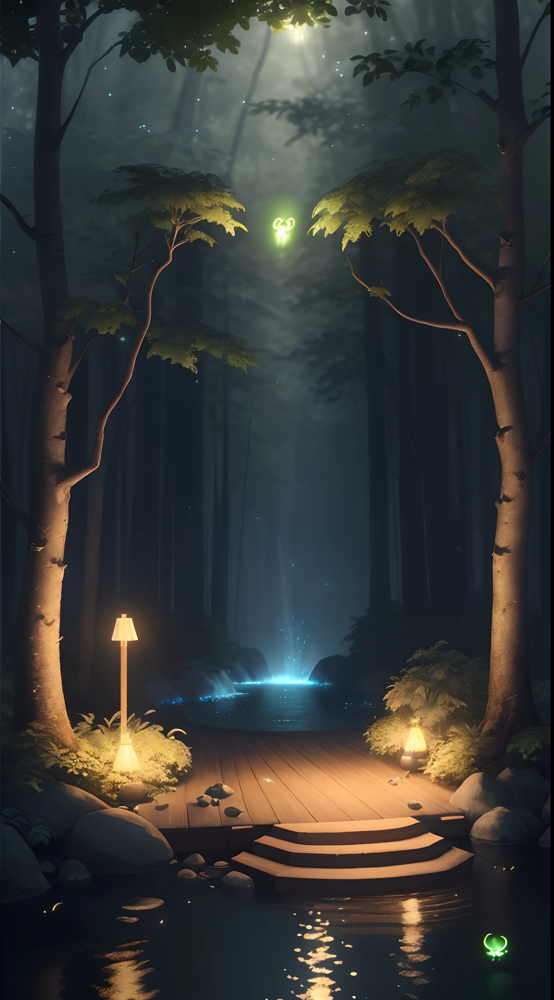 Masterpiece, best quality, (very detailed CG unity 8k wallpaper), (best quality), (best illustration), (best shadows), glow sprite, with a glowing deer, in the swimming pool Drinking water, natural elements in the forest theme. Mysterious forest, beautiful forest, nature, surrounded by flowers, delicate leaves and branches surrounded by fireflies (natural elements), (jungle theme), (leaves), (twigs), (fireflies), (particle effects) etc. 3D , Octane rendering, ray tracing, super detailed