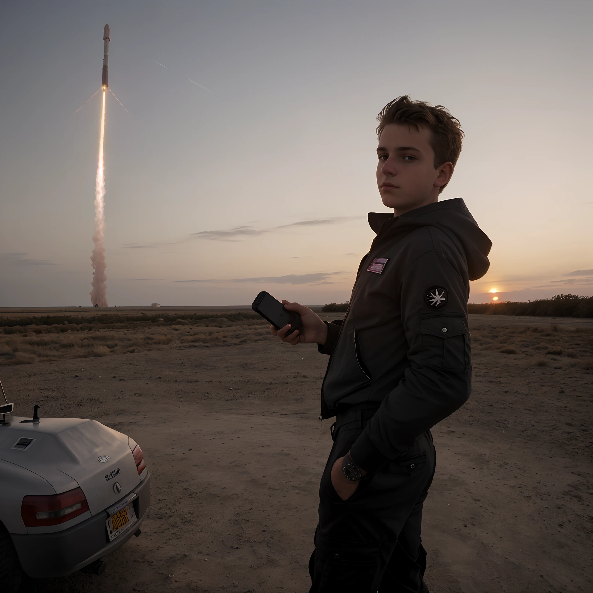 photo selfie, gros plan, Watch the camera ,an 18-year-old boy, cheveux noir, pantalon cargo, at a rocket launch site, sunset