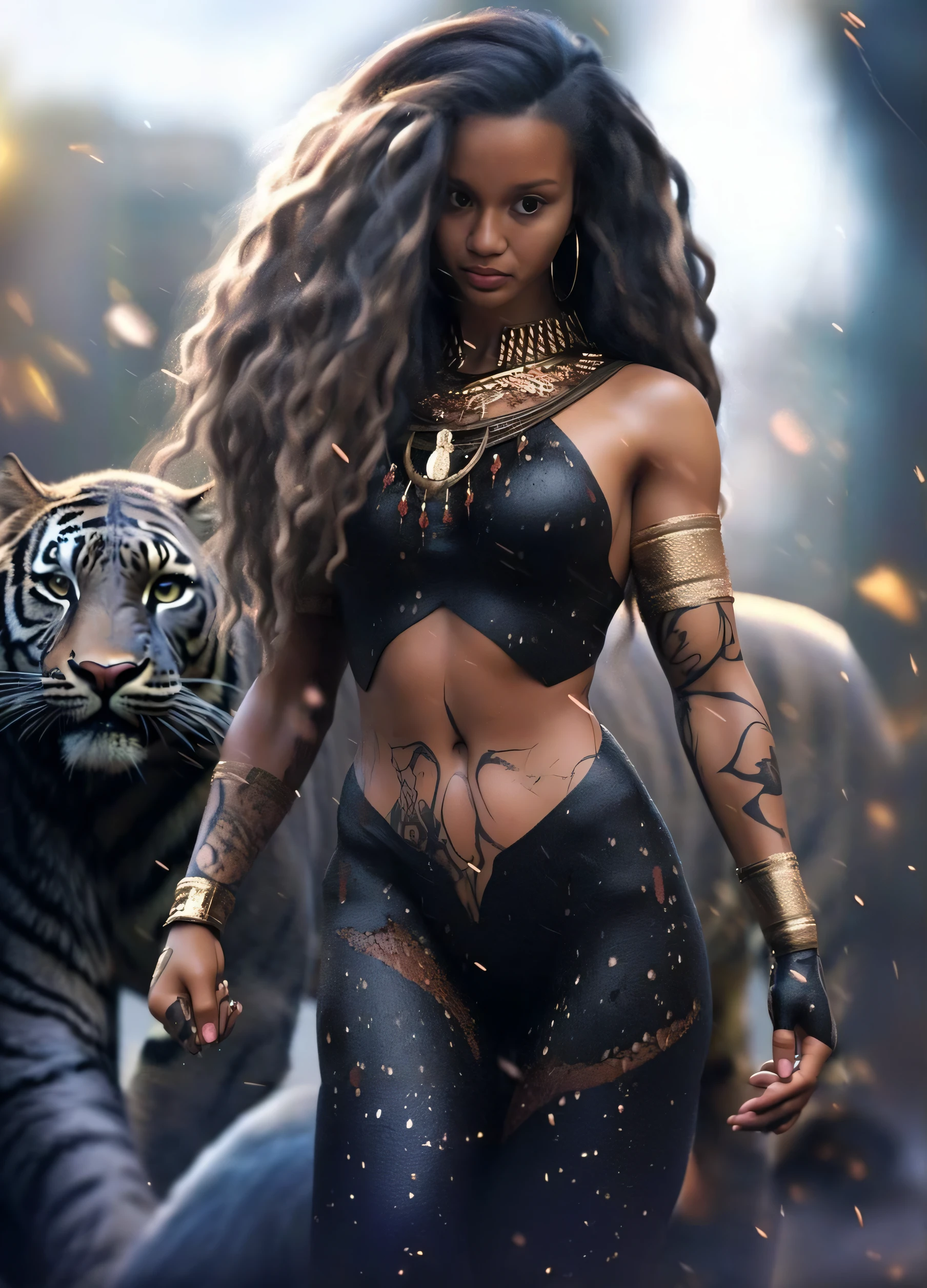 um close up de uma mulher em um traje com um tigre, Princesa africana deslumbrante, mulher linda, pele escura deusa feminina do amor, epic 3 d oshun, Rainha da Selva, bela arte digital, Princesa negra africana, Cinematic Goddess Body Shot, mulher deslumbrante, estilo fantasia 8 k octane render, 8k arte detalhada de alta qualidade, Princesa Africana, Warrior Woman