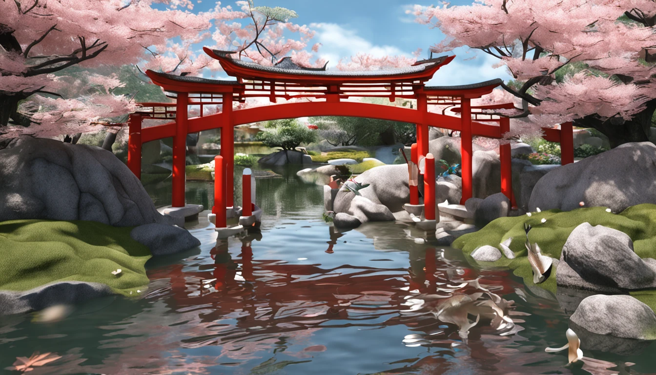 (masutepiece:1.3), ccurate, (Super Detail, high details, top-quality), Best Quality,( hight resolution, 8K),Japanese garden, Large pond, (Red and white carp swimming:2), Bridge, Traditional gardens, Scenery of Kyoto, Summer heat, Fresh green, (Woman in kimono feeding carp from bridge:1.5), Feeding carp in the pond, Garden view reflected in the water