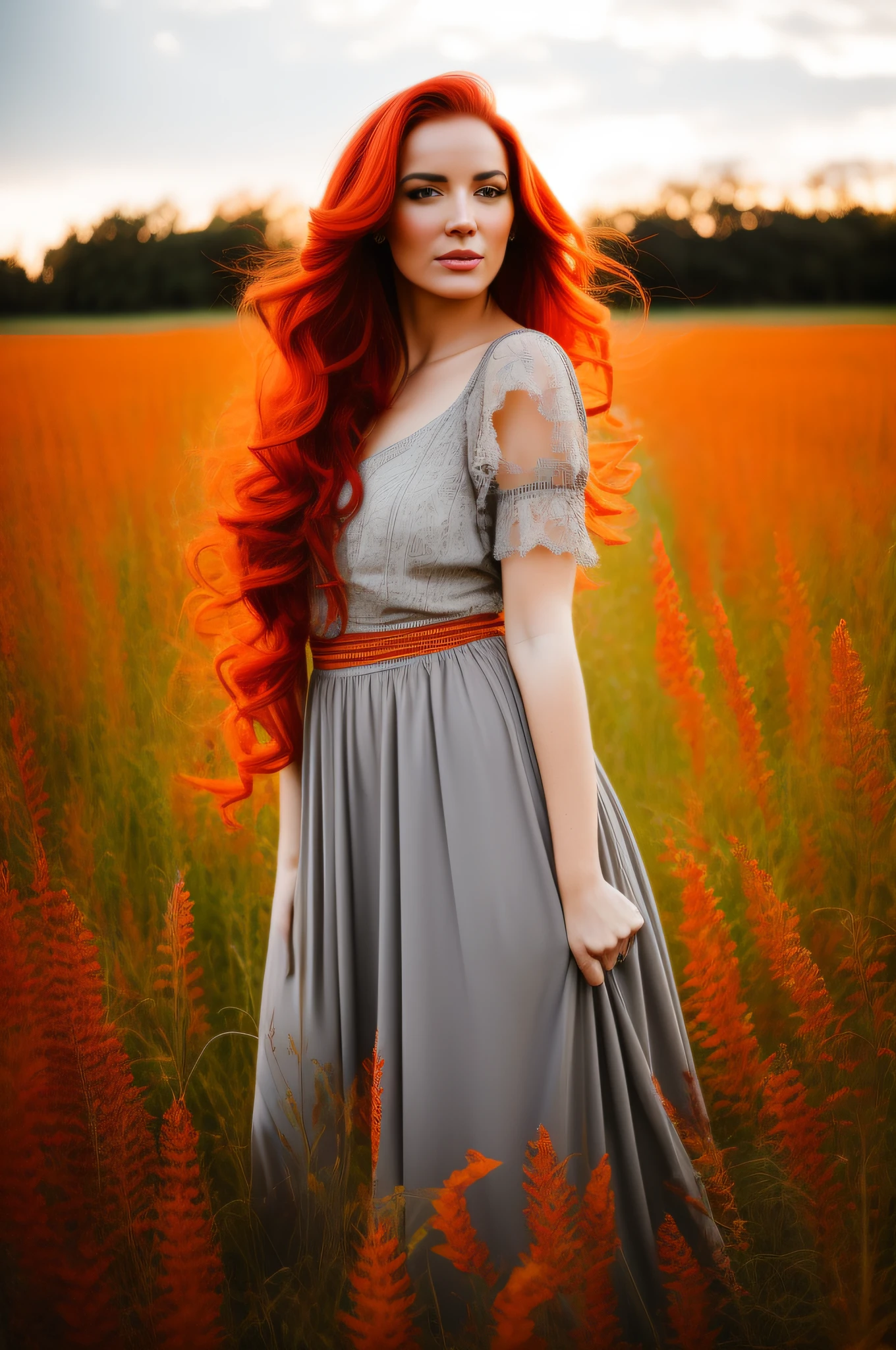 he woman poses in a field with red hair, in the style of webcam photography, dark orange and light gray, briana mora, santiago rusinol, photo taken with provia, ferrania p30, writer academia