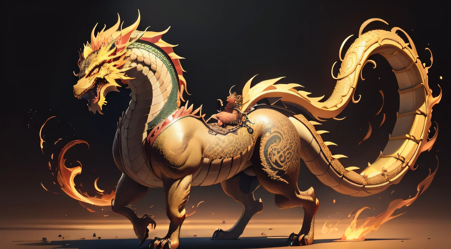 There is a golden dragon,There is a fish on the back, chinese dragon engrave, Chinese Dragon, smooth chinese dragon, Golden dragon, fire lion, a majestic gothic indian dragon, chinese dragon concept art, colored illustration for tattoo, ancient chinese ornate, mythological creatures, digital painting of quetzalcoatl, majestic japanese dragon, Dragon, asian dragon as latte art