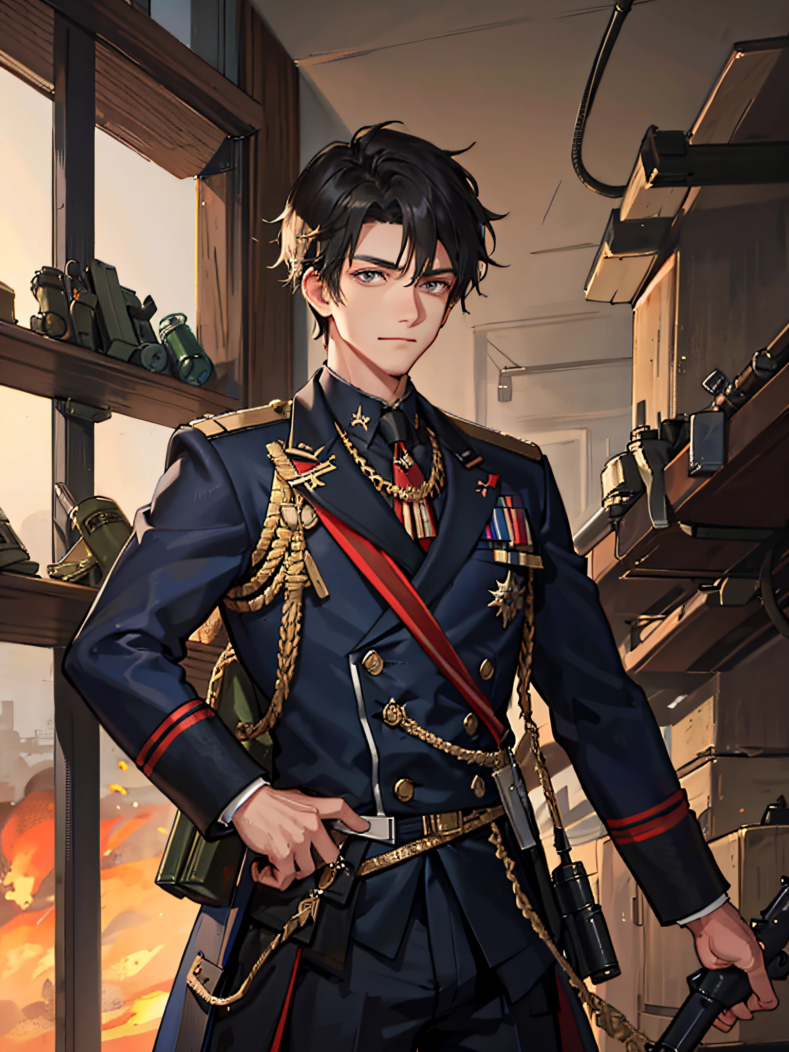 1boy,at the battlefield,There was a lot of artillery fire,Fighting,With a knife in his hand,miltary,Upper body display,