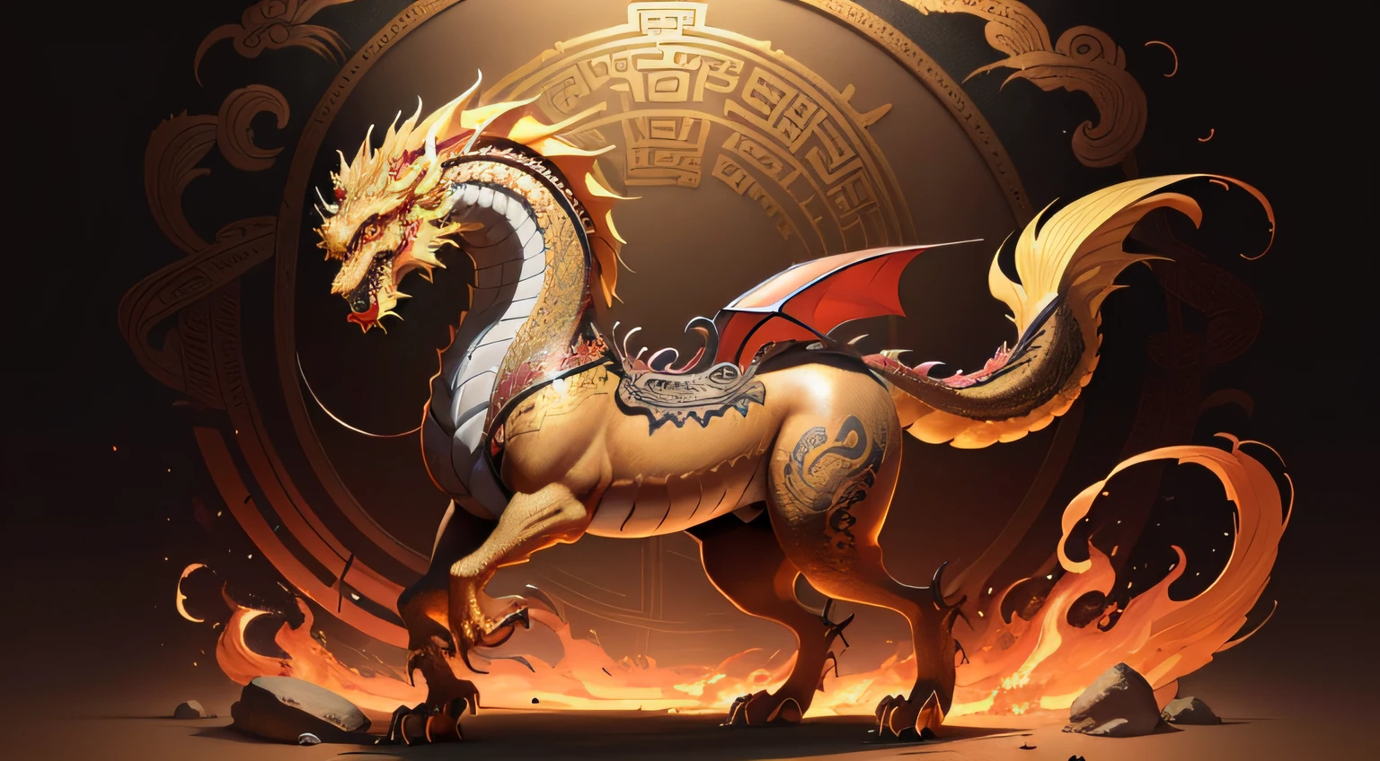 There is a golden dragon，There is a fish on the back, chinese dragon engrave, Chinese Dragon, smooth chinese dragon, Golden dragon, fire lion, a majestic gothic indian dragon, chinese dragon concept art, colored illustration for tattoo, ancient chinese ornate, mythological creatures, digital painting of quetzalcoatl, majestic japanese dragon, Dragon, asian dragon as latte art