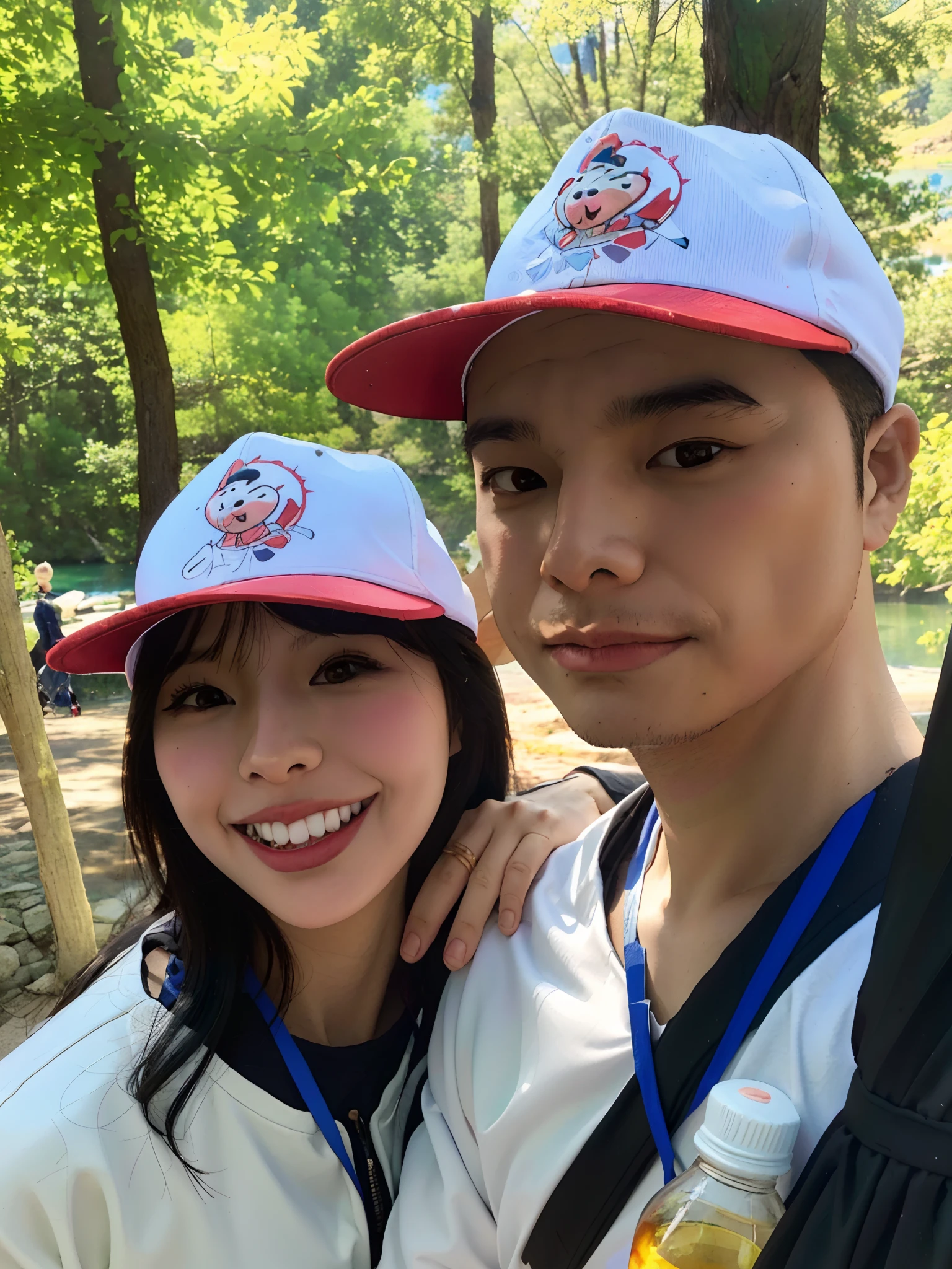 There are two people standing side by side by a lake, handsome sunshine, comic style, mountains in the background, cute couple, 8K selfie photos, from China, wolf, rabbit, pig, happy couple, couple