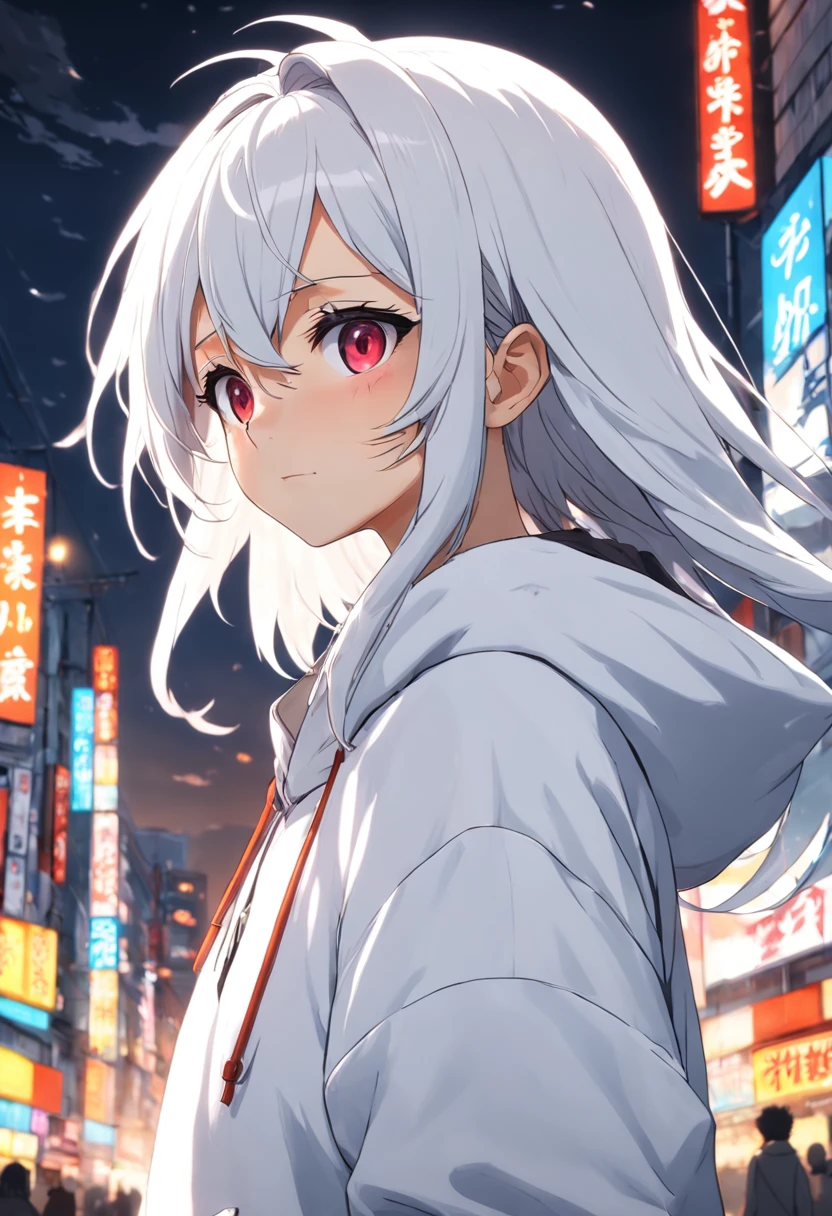 Gray-haired Japanese anime youth, White hoodie, White shorts, No tattoos, Not long beard and wearing VR glasses