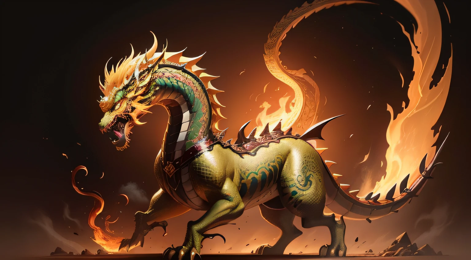 There is a golden dragon，There is a fish on the back, chinese dragon engrave, Chinese Dragon, smooth chinese dragon, Golden dragon, fire lion, a majestic gothic indian dragon, chinese dragon concept art, colored illustration for tattoo, ancient chinese ornate, mythological creatures, digital painting of quetzalcoatl, majestic japanese dragon, Dragon, asian dragon as latte art