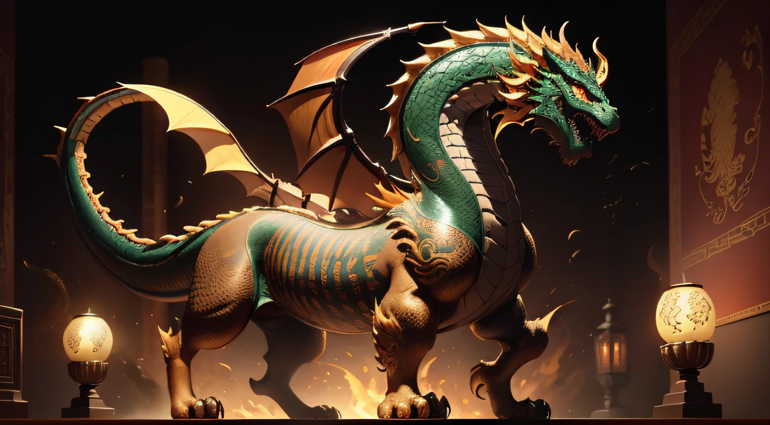 There is a golden dragon,There is a fish on the back, chinese dragon engrave, Chinese Dragon, smooth chinese dragon, Golden dragon, fire lion, a majestic gothic indian dragon, chinese dragon concept art, colored illustration for tattoo, ancient chinese ornate, mythological creatures, digital painting of quetzalcoatl, majestic japanese dragon, Dragon, asian dragon as latte art