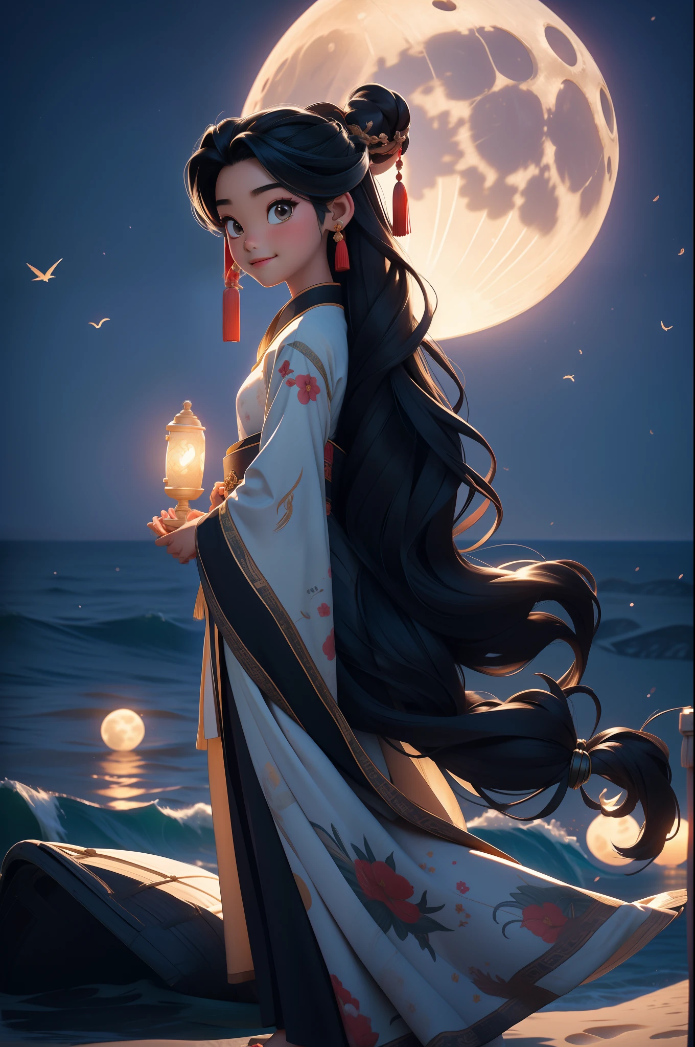 tmasterpiece, best qualityer, Seventeen-year-old girl, long whitr hair，Black color hair，Hanfu，Relax on the beach，ssmile，The full moon gradually rises from sea level，the night，the ocean，calm seas，inverted image，coconut palms，（（There are many lanterns floating in the sky））, pixar-style，Disney  style，Chinese style