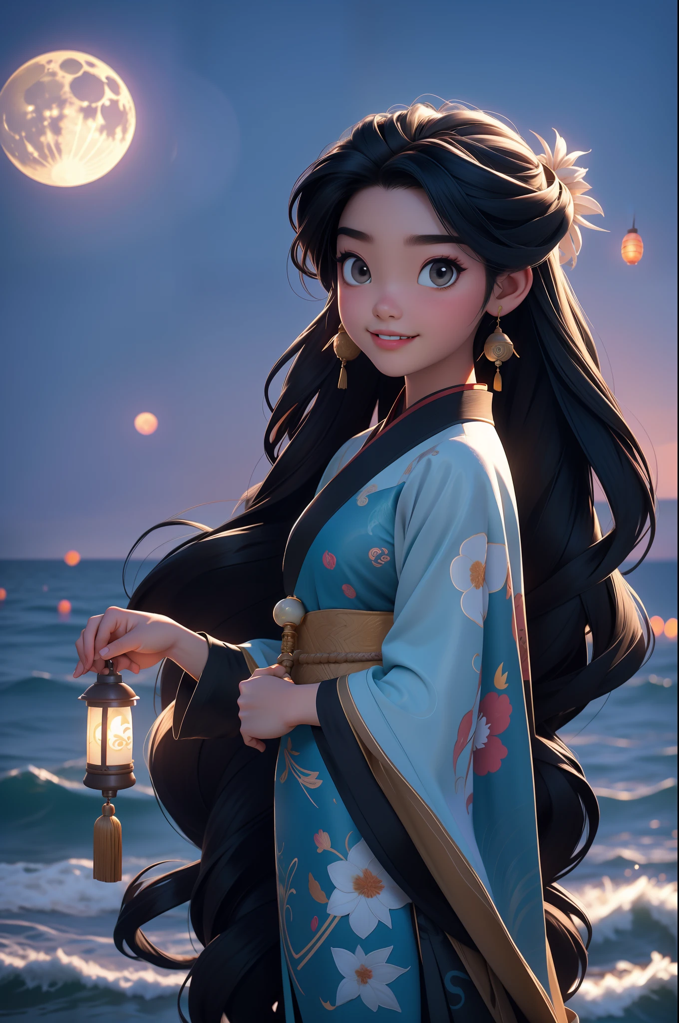 tmasterpiece, best qualityer, Seventeen--old l, long whitr hair，Black color hair，Hanfu，Relax on the beach，ssmile，The full moon gradually rises from sea level，the night，the ocean，calm seas，inverted image，coconut palms，（（There are many lanterns floating in the sky））, pixar-style，Disney  style，Chinese style